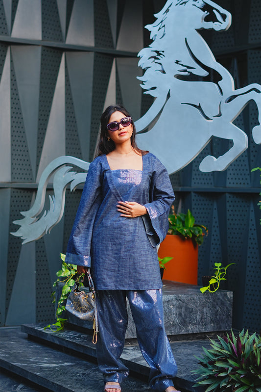Sequinned Denim Kurti & Farshi Salwar Set