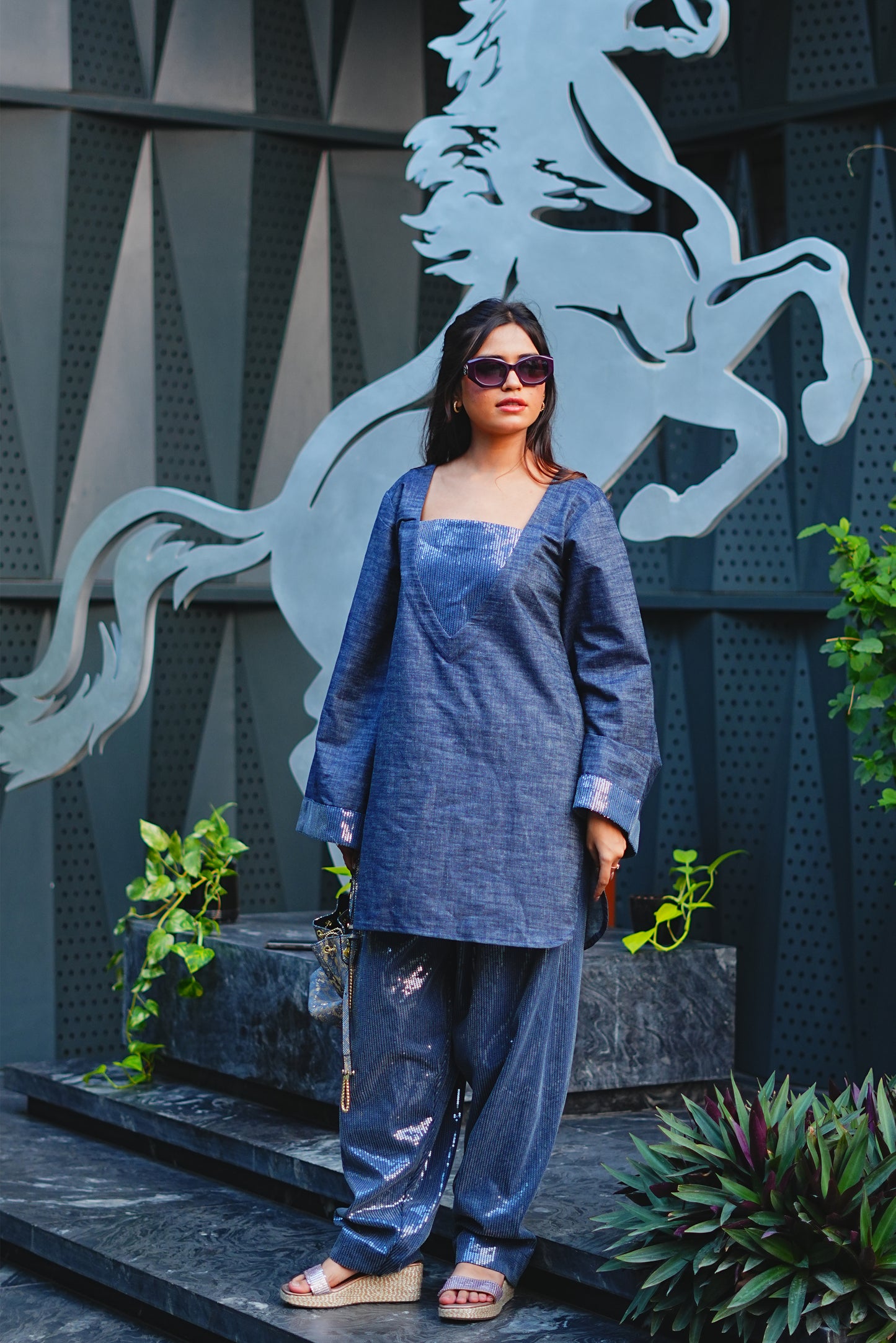 Sequinned Denim Kurti & Farshi Salwar Set