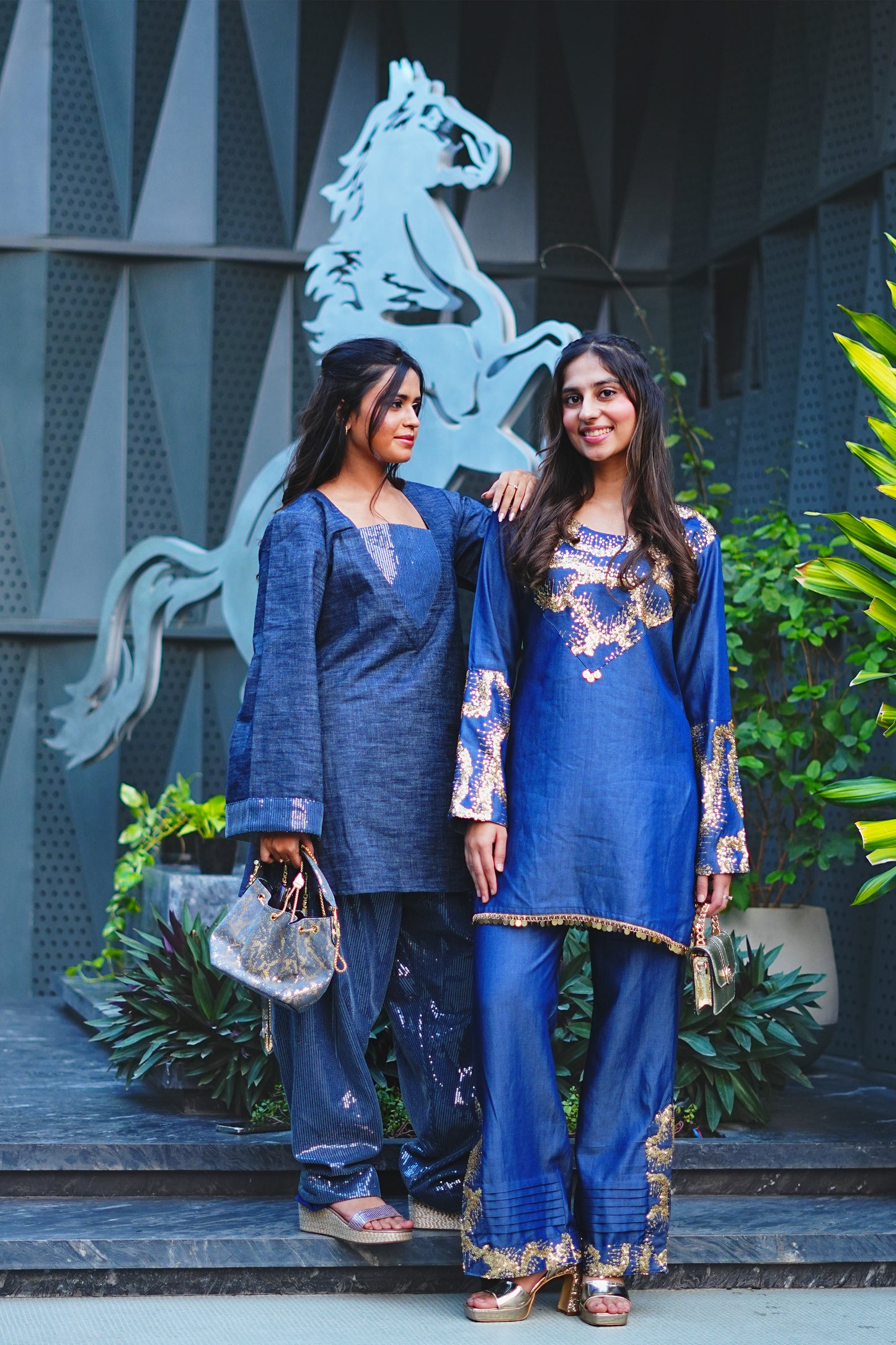 Sequinned Denim Kurti & Farshi Salwar Set