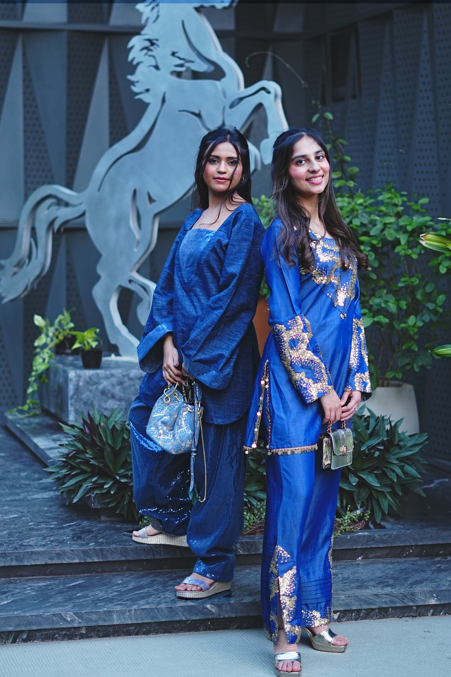 Sequinned Denim Kurti & Farshi Salwar Set