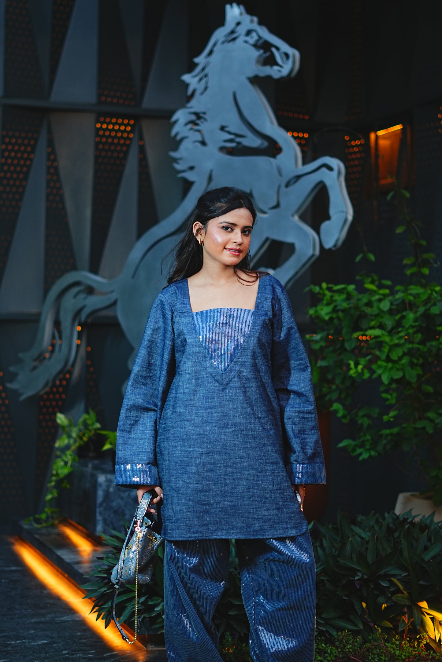 Sequinned Denim Kurti & Farshi Salwar Set