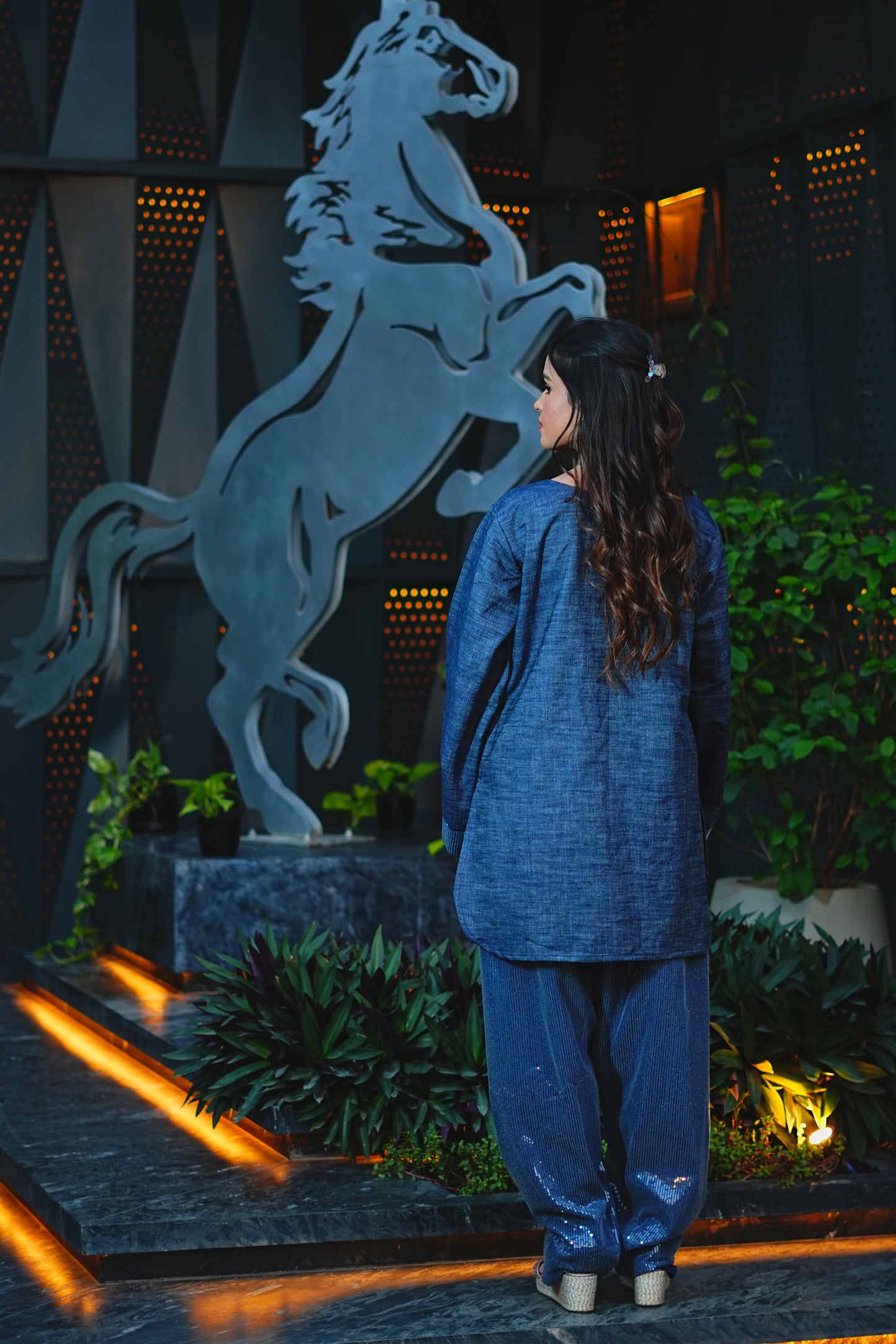 Sequinned Denim Kurti & Farshi Salwar Set