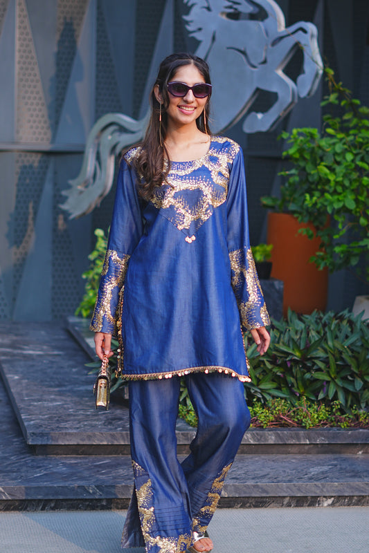 Gold Sequin Abstract Embroidered Denim Co-ord Set