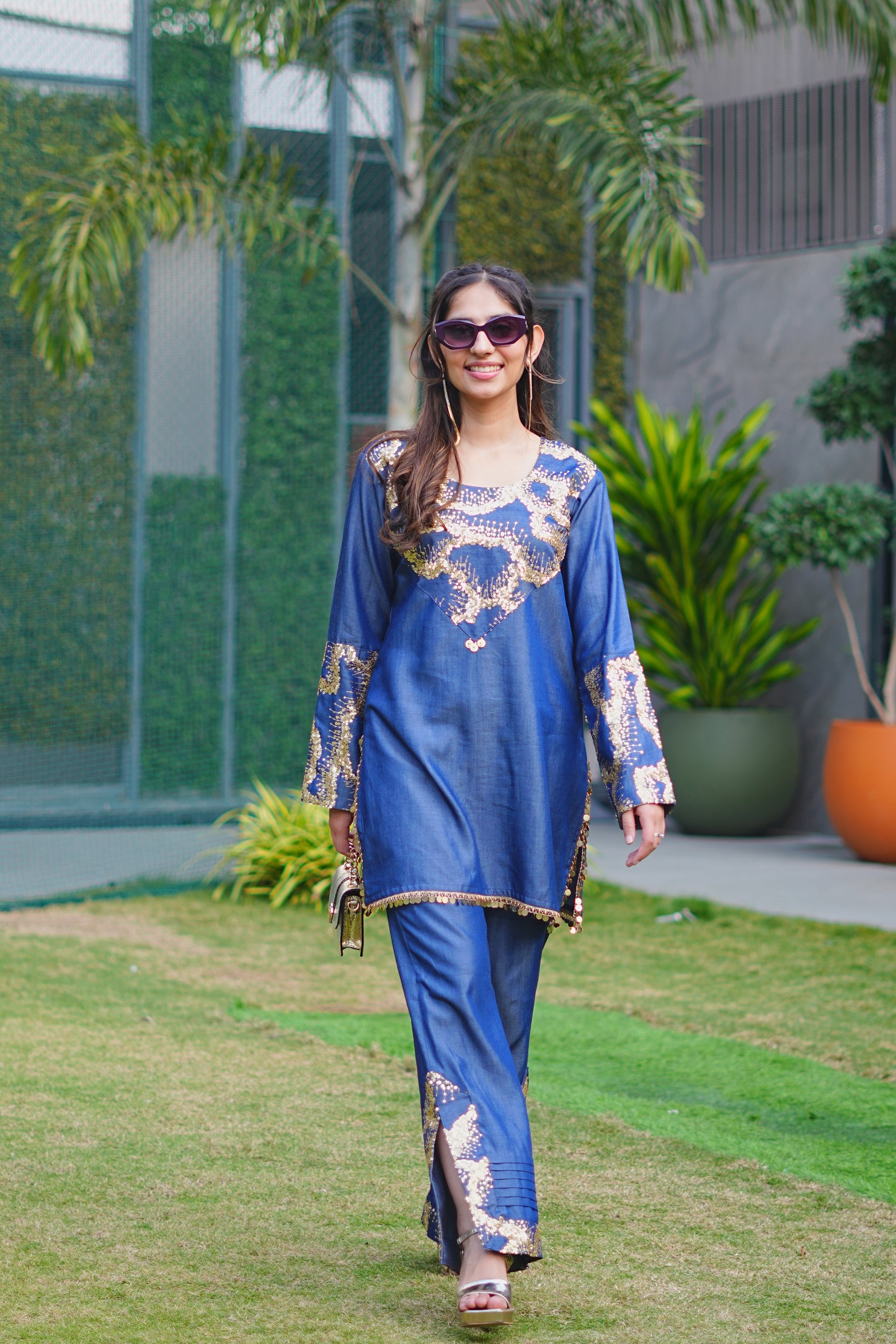 Gold Sequin Abstract Embroidered Denim Co-ord Set