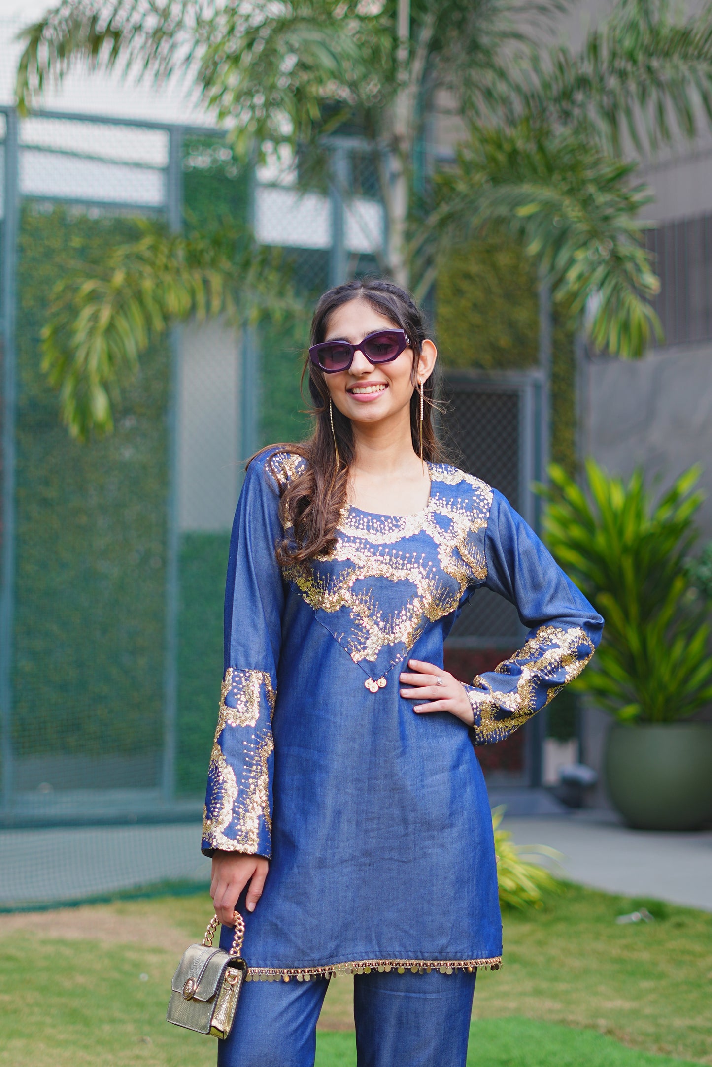 Gold Sequin Abstract Embroidered Denim Co-ord Set