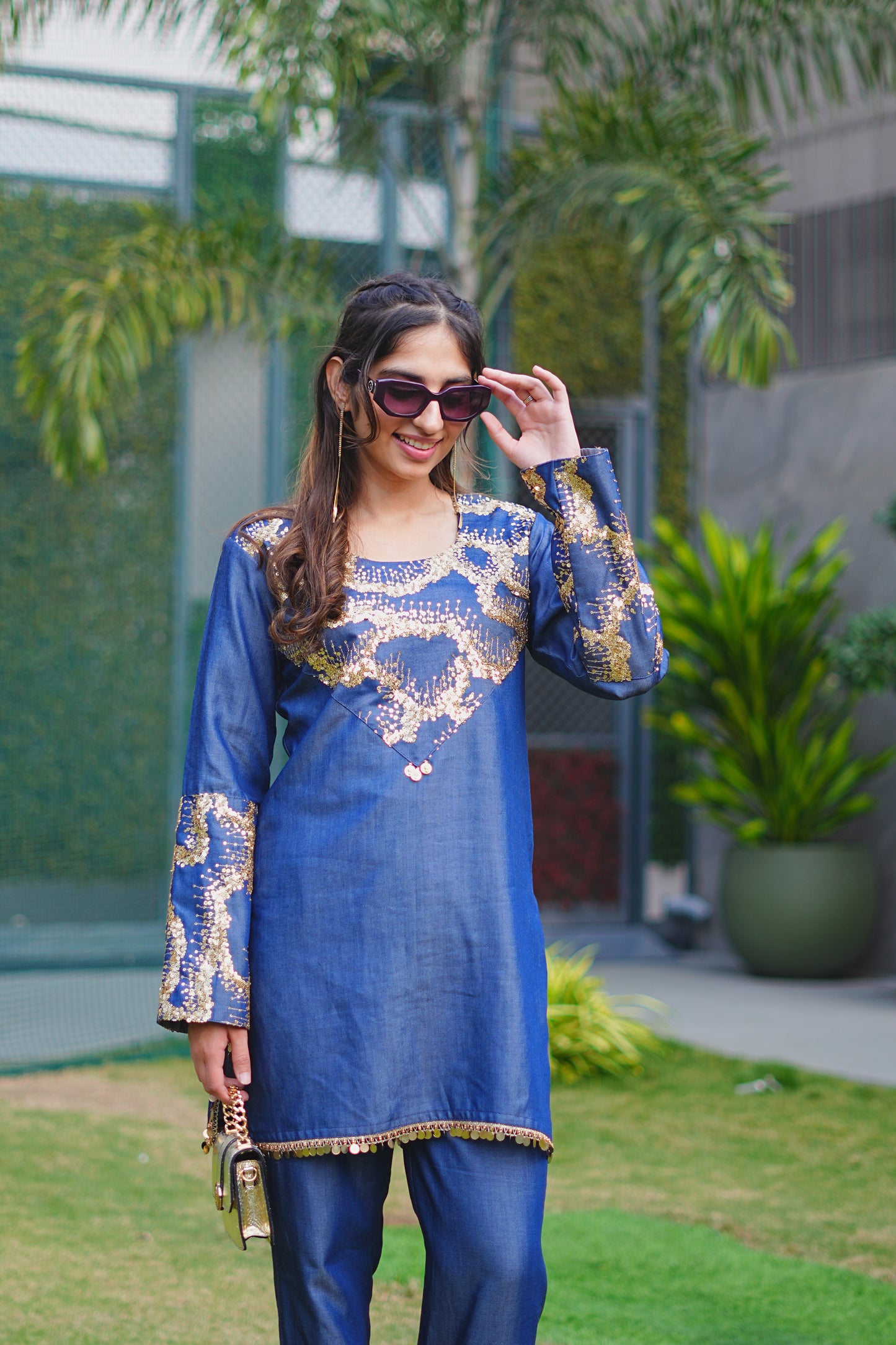 Gold Sequin Abstract Embroidered Denim Co-ord Set