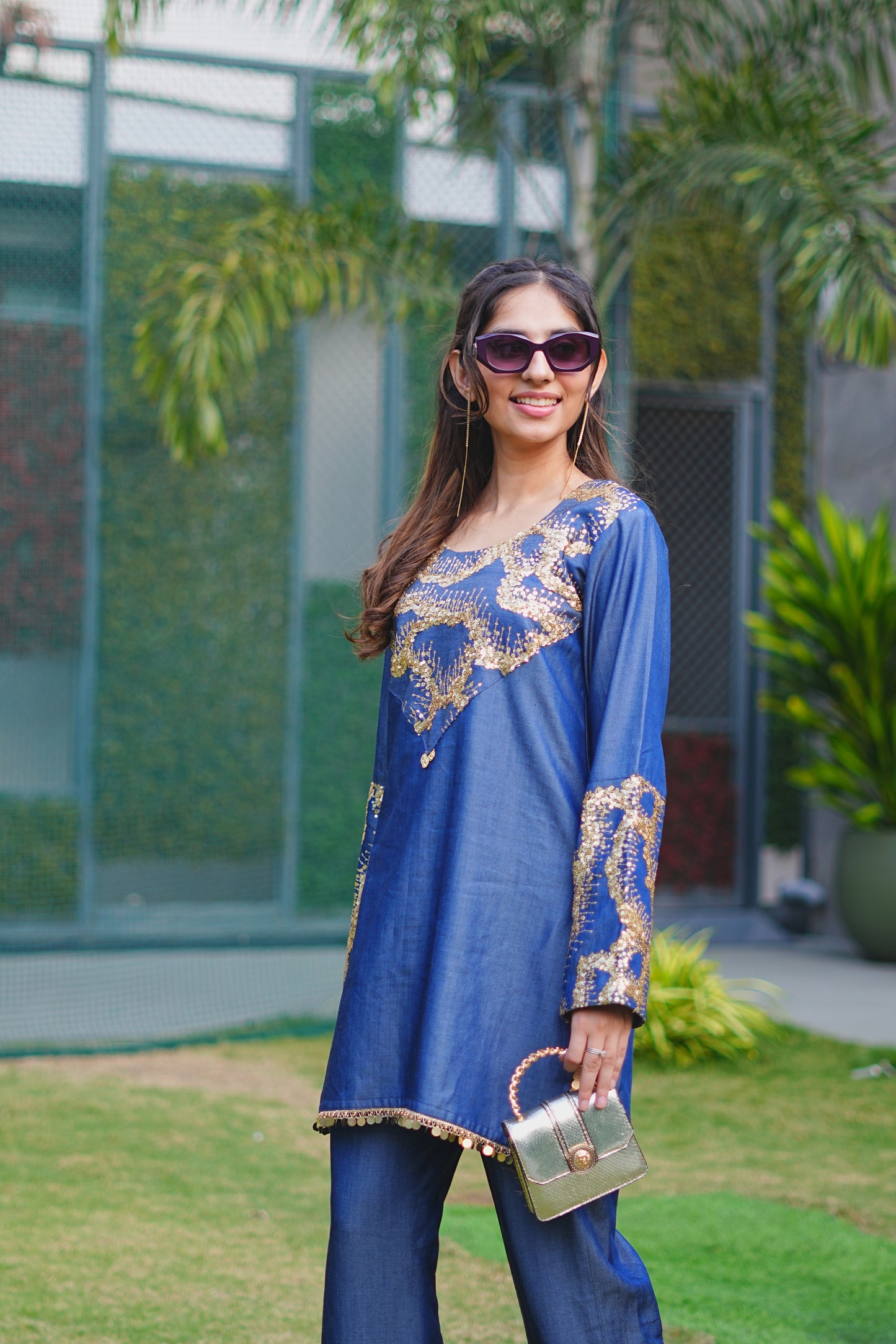 Gold Sequin Abstract Embroidered Denim Co-ord Set
