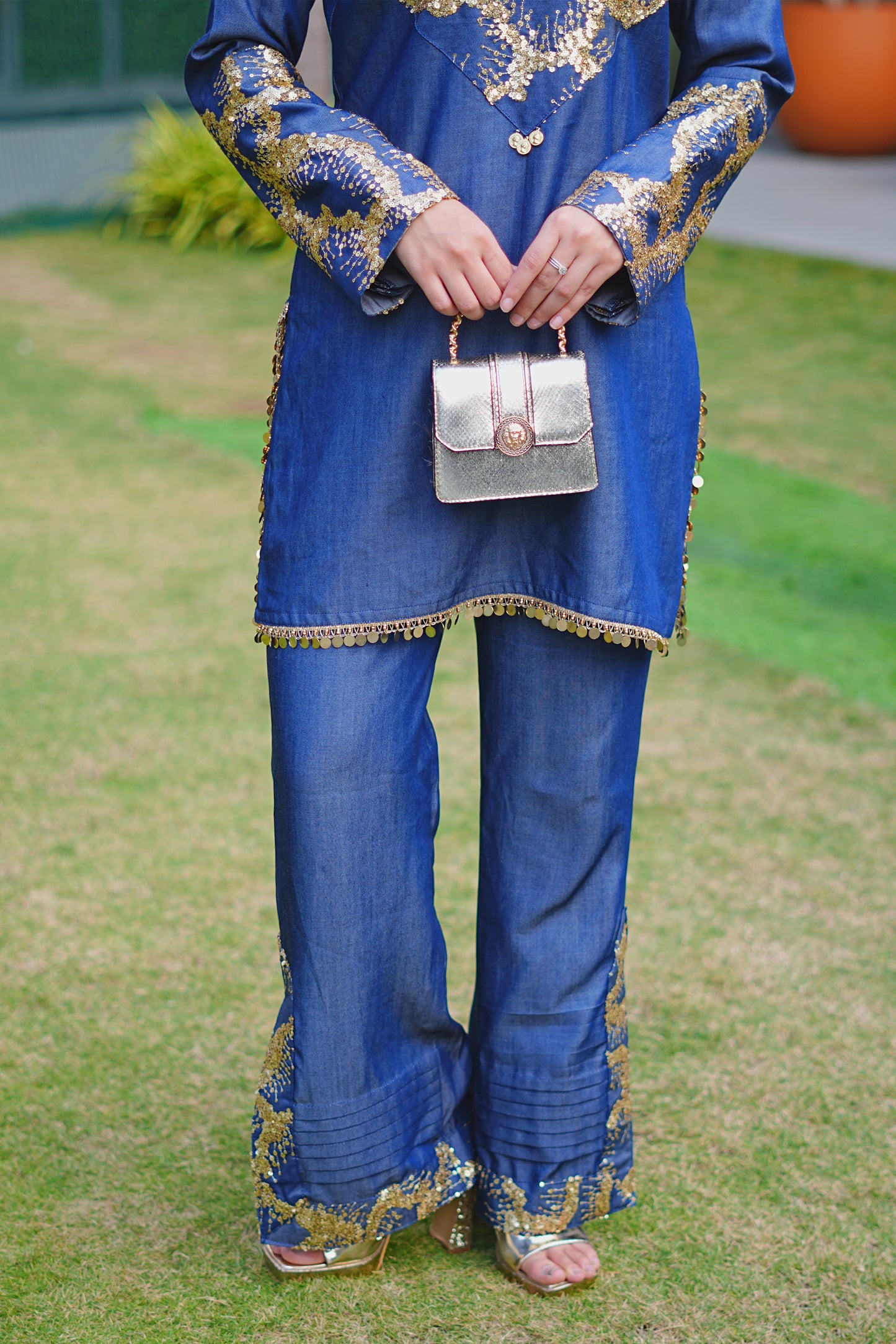 Gold Sequin Abstract Embroidered Denim Co-ord Set