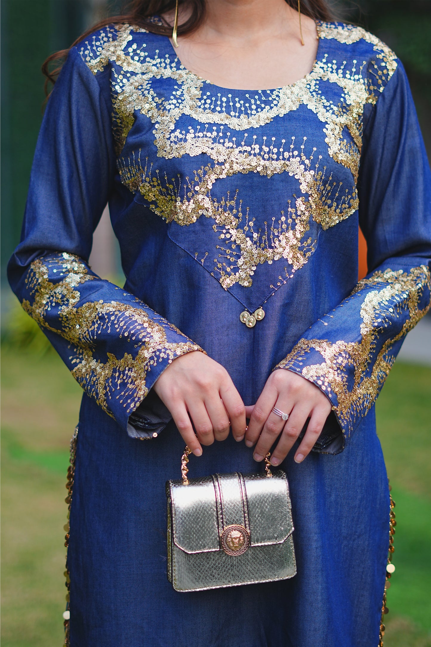 Gold Sequin Abstract Embroidered Denim Co-ord Set
