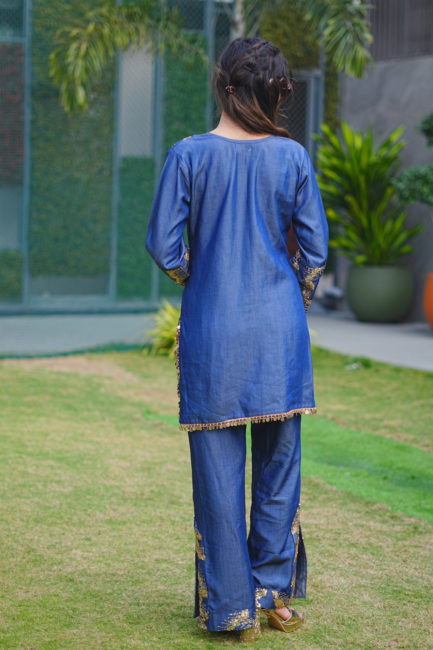 Gold Sequin Abstract Embroidered Denim Co-ord Set