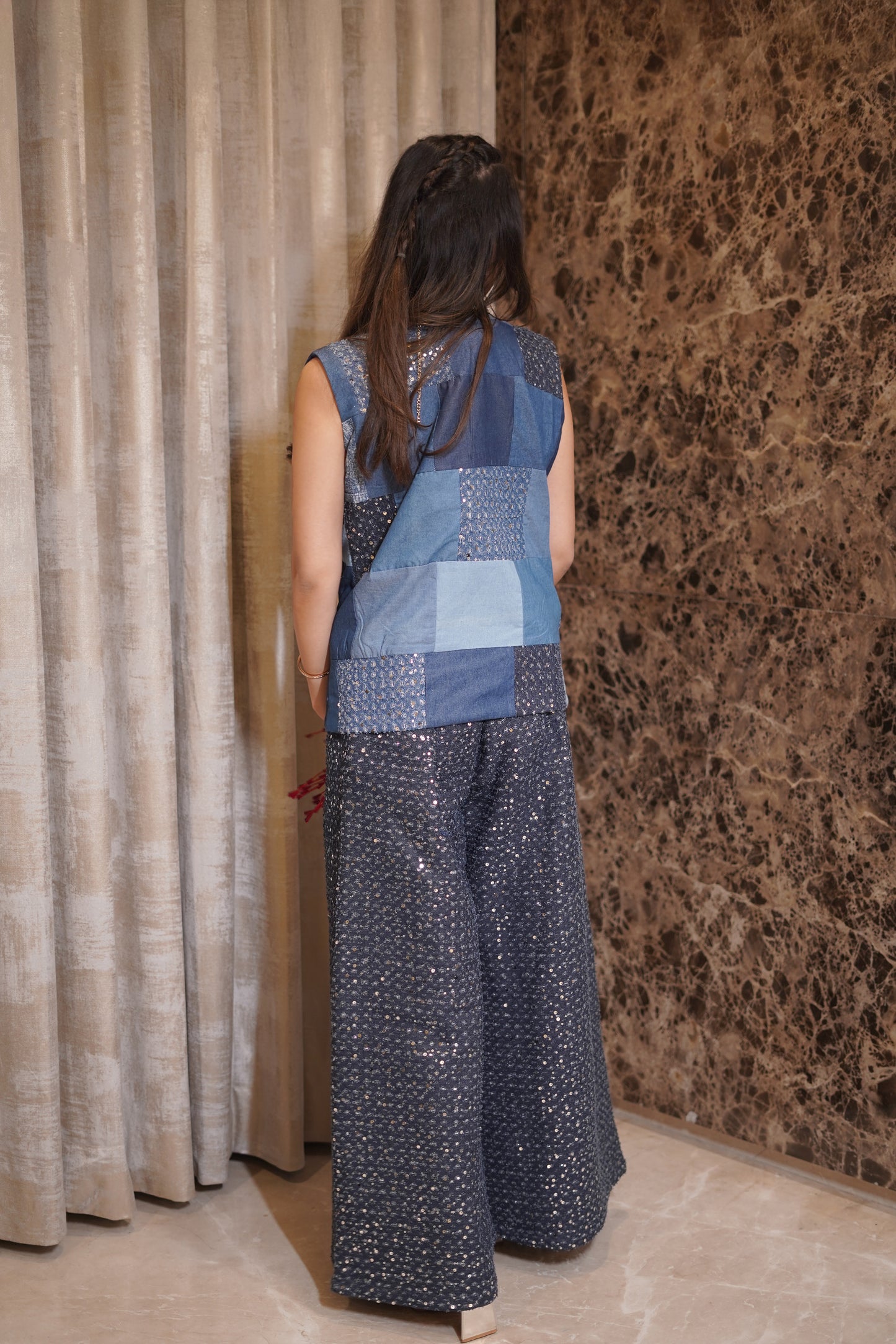 3-Piece Handcrafted Patchwork Denim & Sequin Set