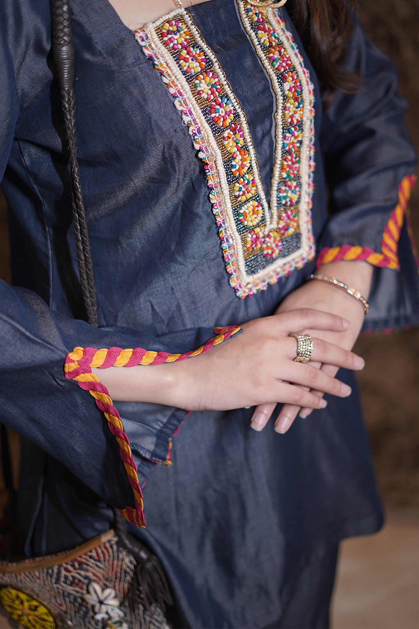Straight Fit Denim Co-ord Set with Multicolor Beadwork
