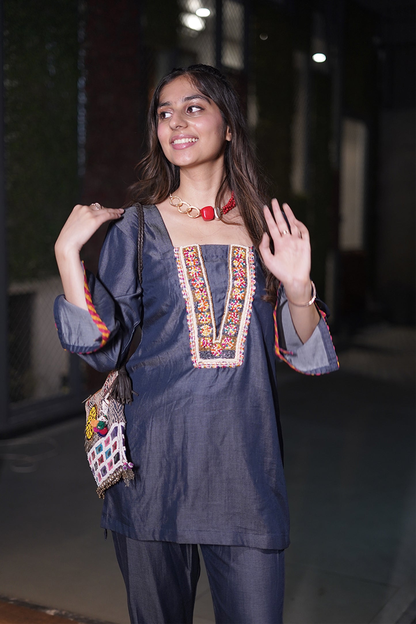 Straight Fit Denim Co-ord Set with Multicolor Beadwork