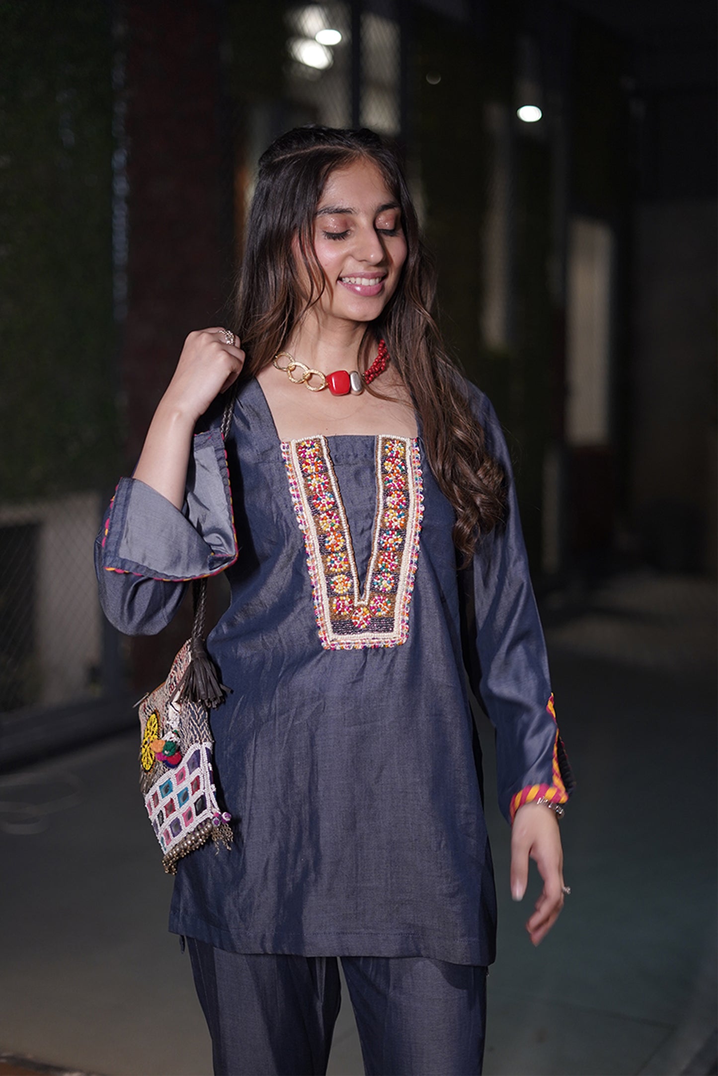 Straight Fit Denim Co-ord Set with Multicolor Beadwork