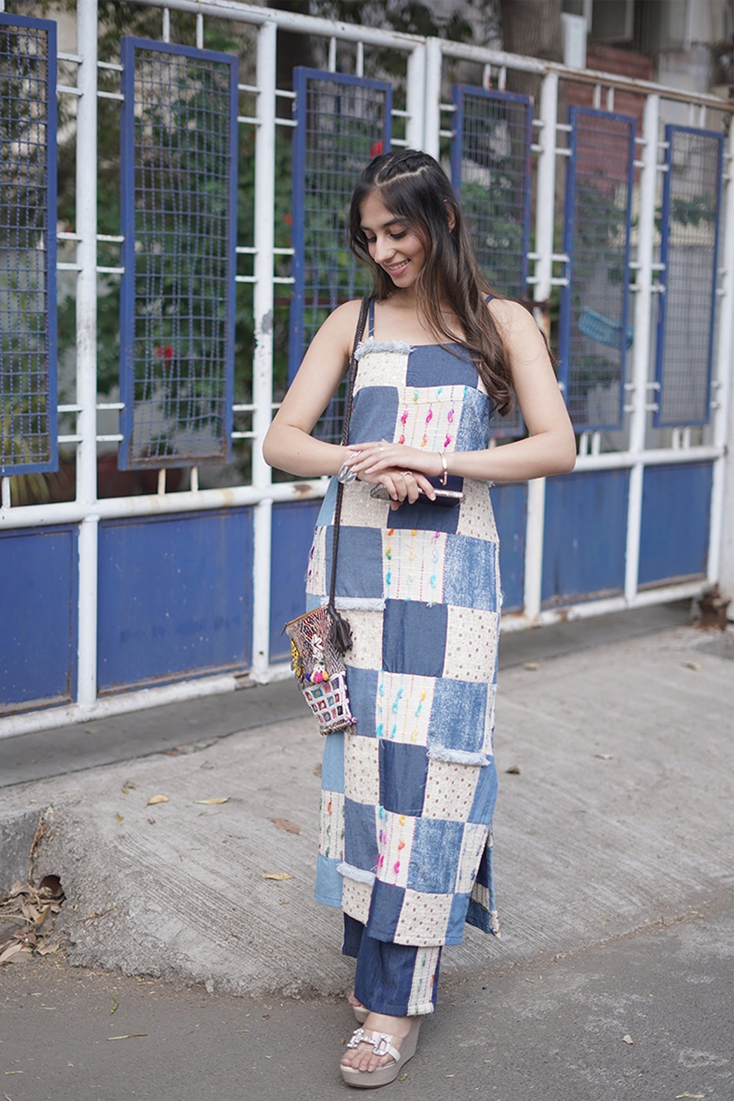 Handpatched Multicolor Thread Work Denim Kurti & Pant Set