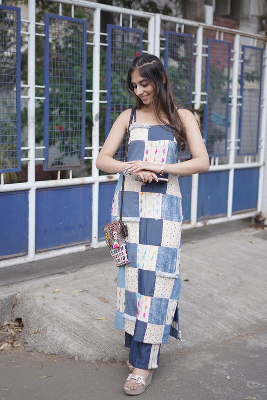 Handpatched Multicolor Thread Work Denim Kurti & Pant Set