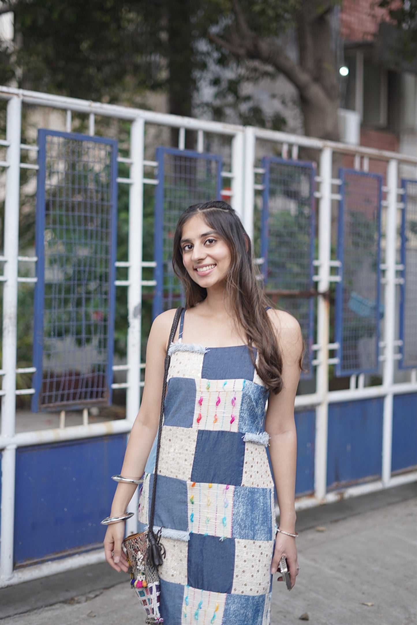 Handpatched Multicolor Thread Work Denim Kurti & Pant Set