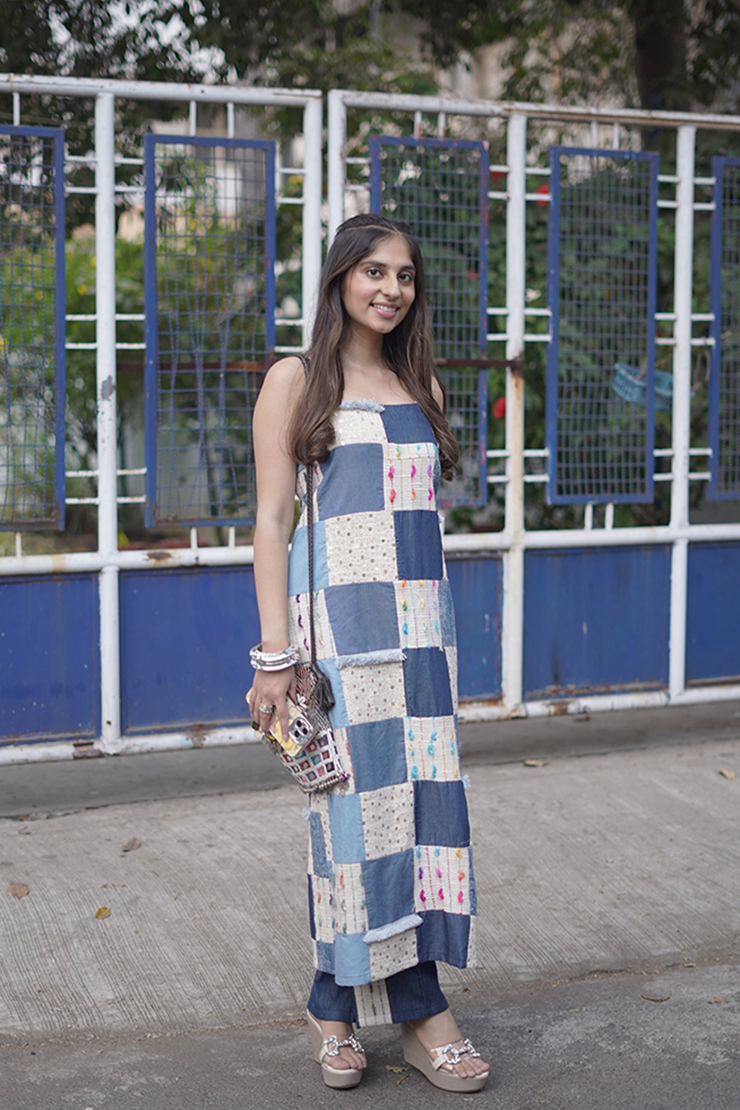 Handpatched Multicolor Thread Work Denim Kurti & Pant Set