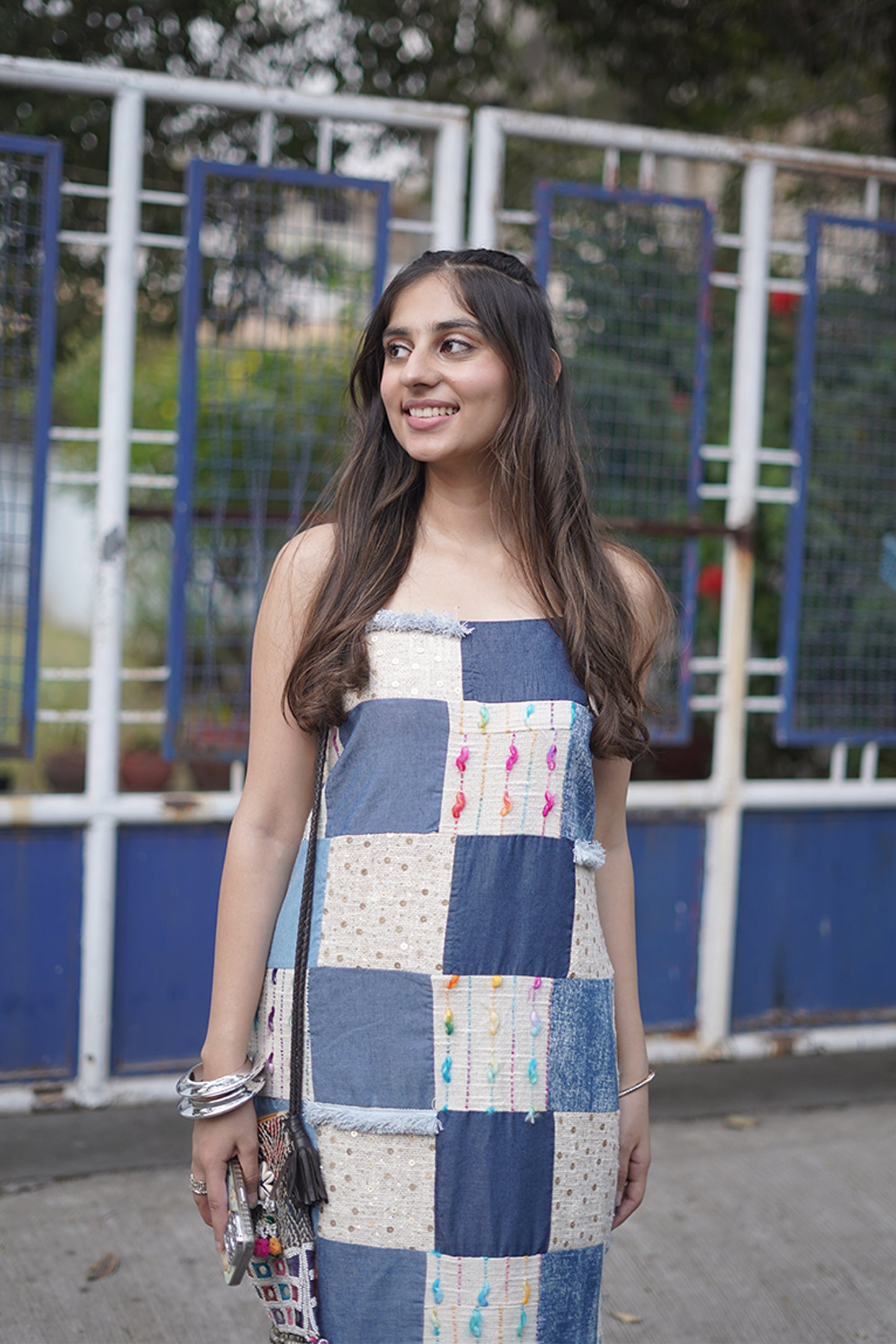 Handpatched Multicolor Thread Work Denim Kurti & Pant Set