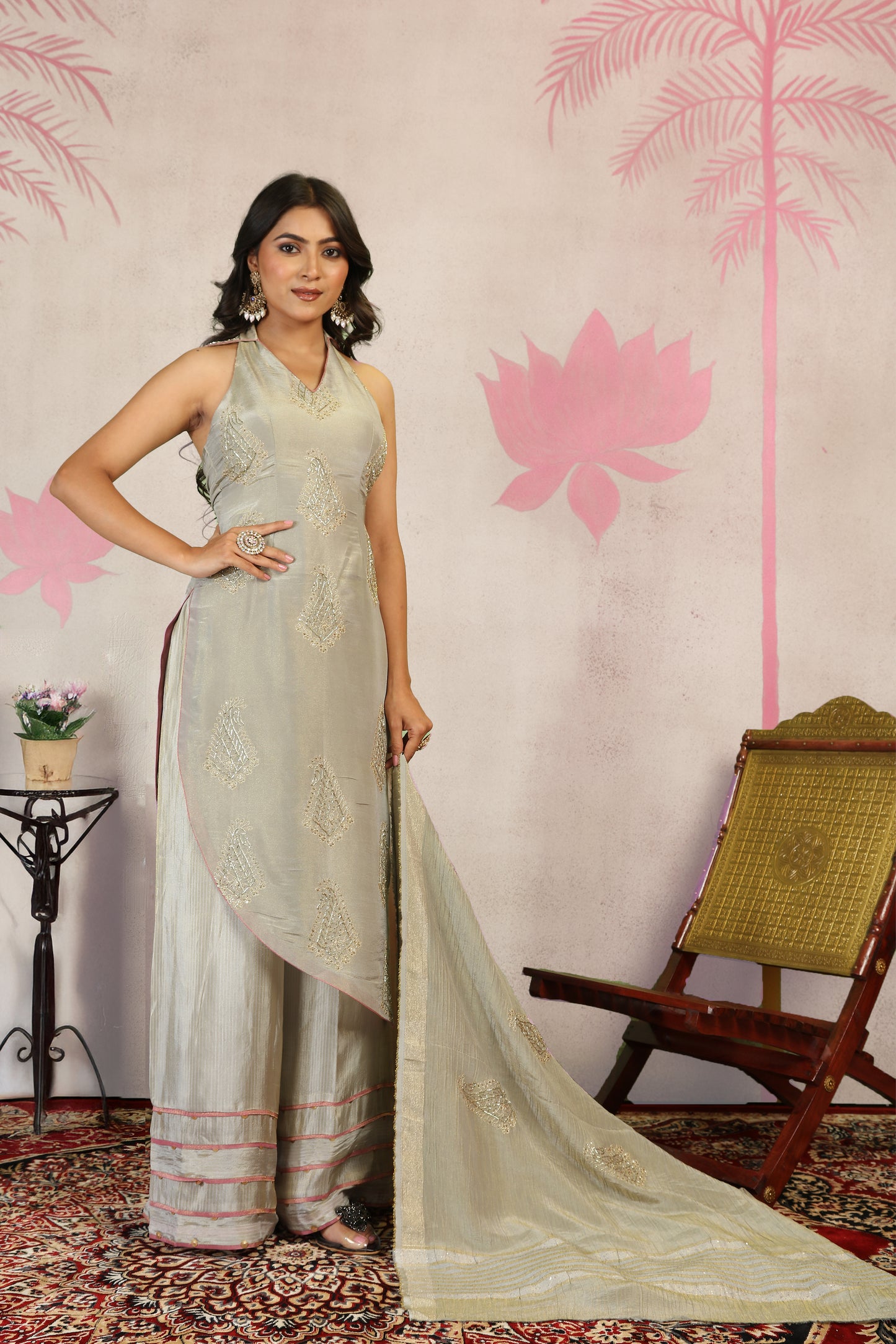 Halter Neck Tissue Suit with Paisley Sequins