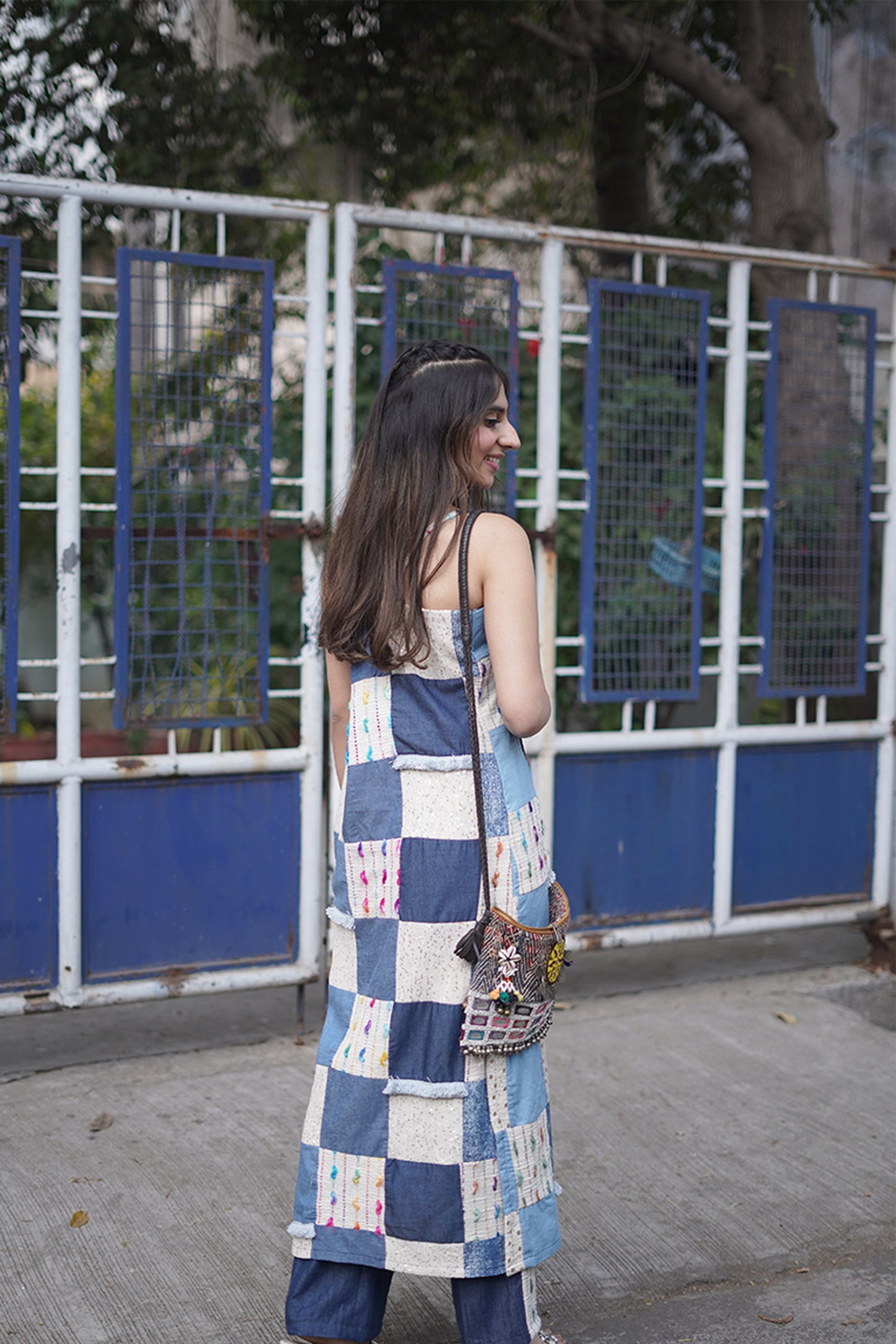 Handpatched Multicolor Thread Work Denim Kurti & Pant Set