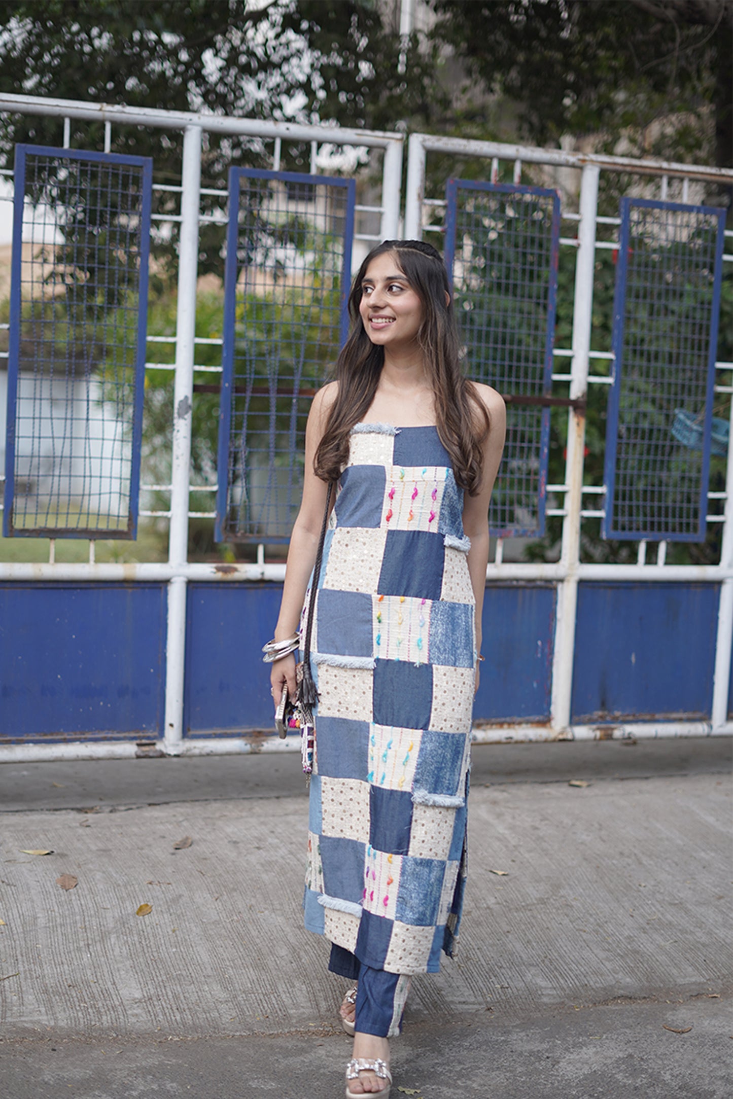 Handpatched Multicolor Thread Work Denim Kurti & Pant Set