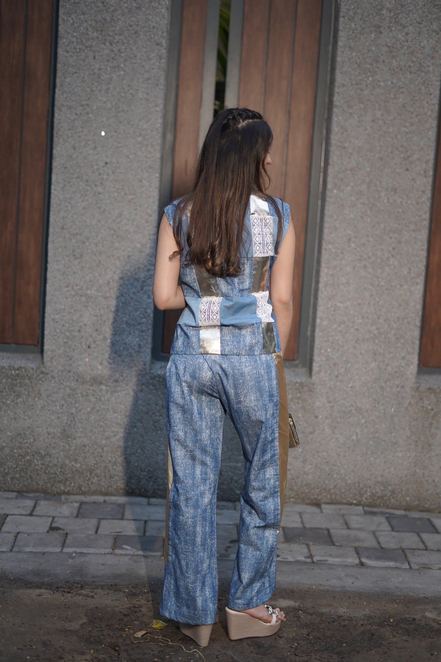 Hand-Patched Denim & Leather Sleeveless Co-ord Set