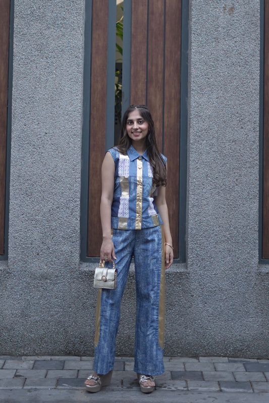 Hand-Patched Denim & Leather Sleeveless Co-ord Set
