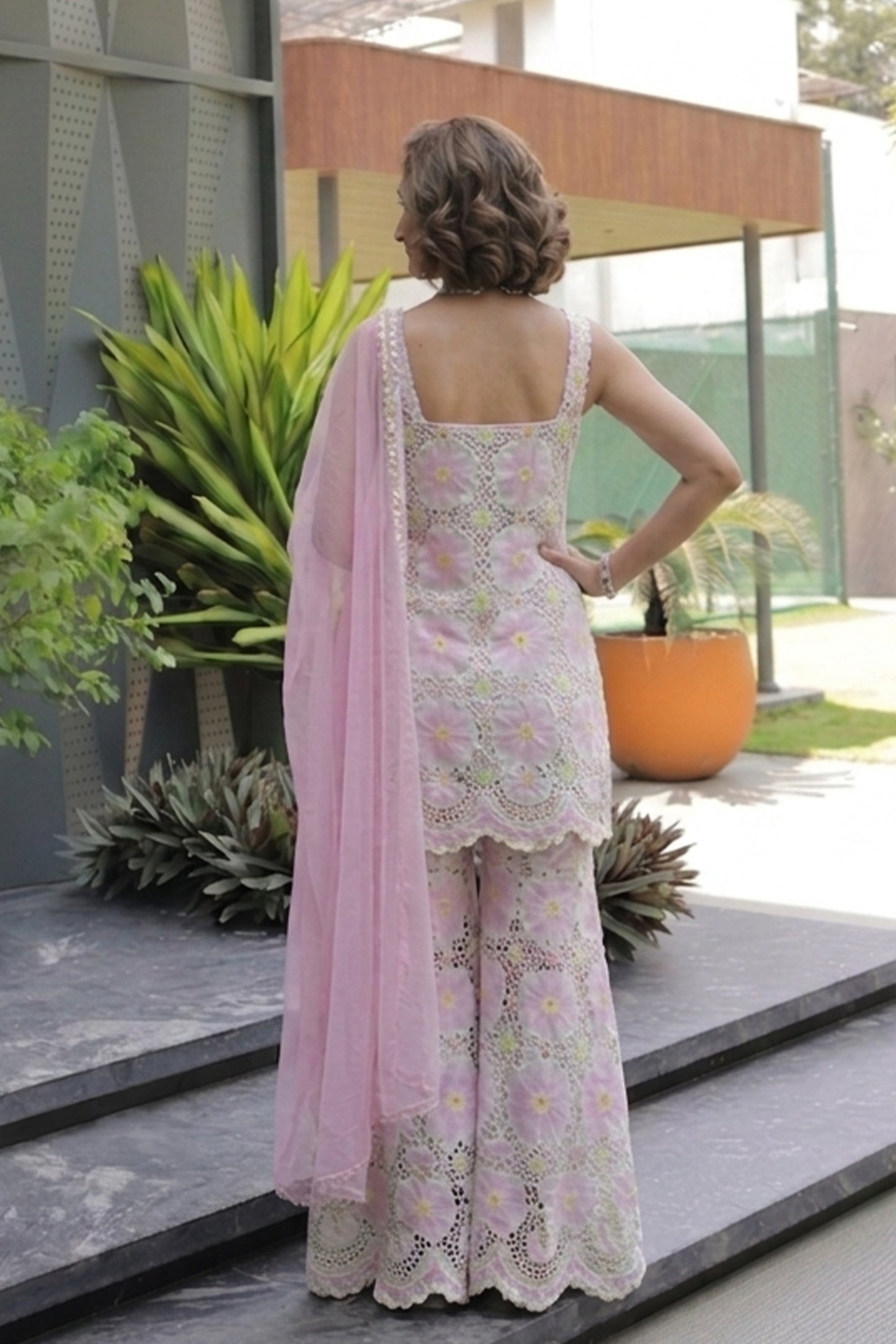 Sleeveless Floral Cutwork Co-ord Set with Dupatta
