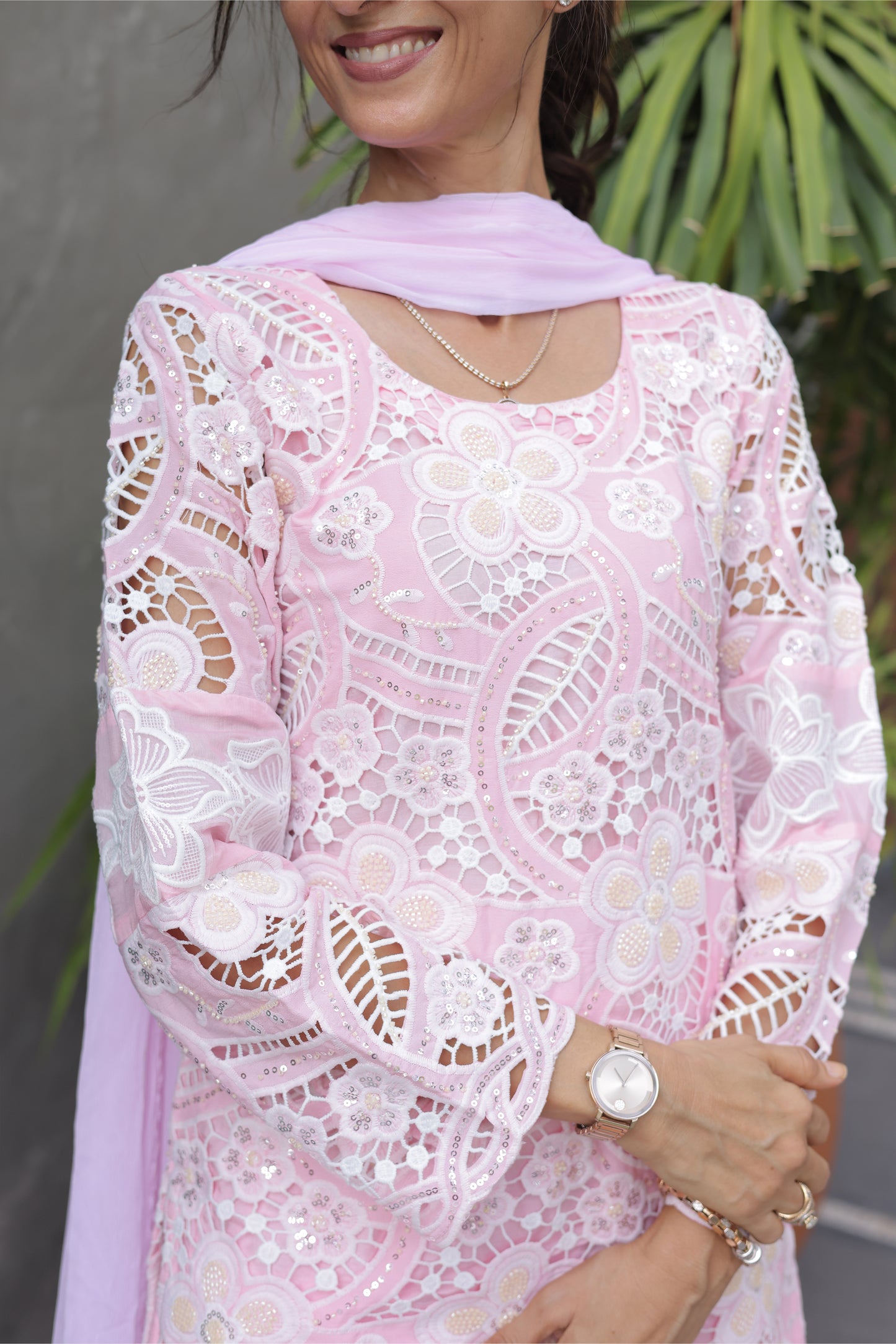 Pink Floral Cutwork Sharara Set