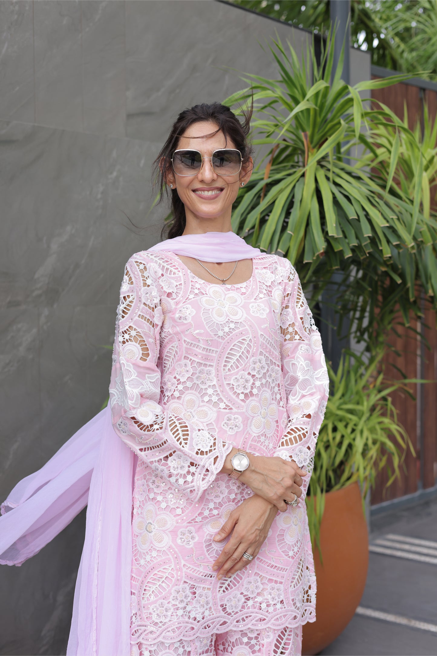 Pink Floral Cutwork Sharara Set