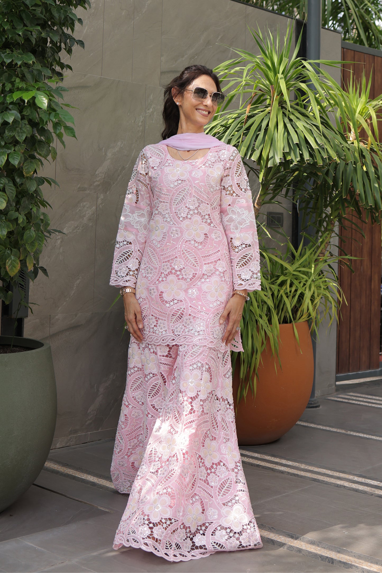 Pink Floral Cutwork Sharara Set