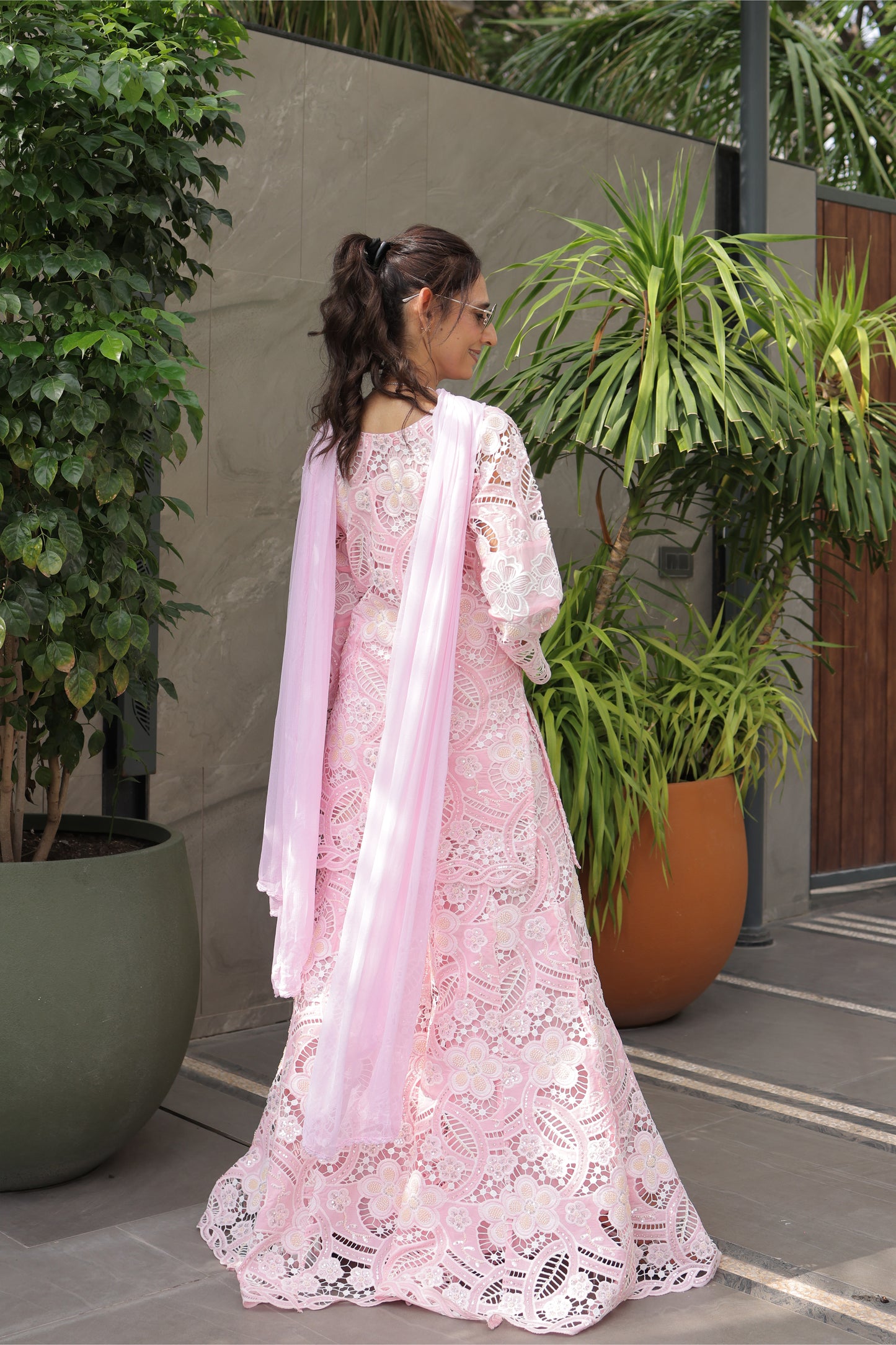 Pink Floral Cutwork Sharara Set