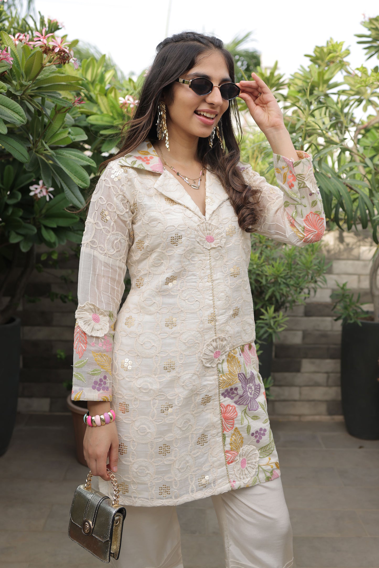 Off-White Chanderi Suit Set With Multi-color Embroidery & Gold Sequin Cording