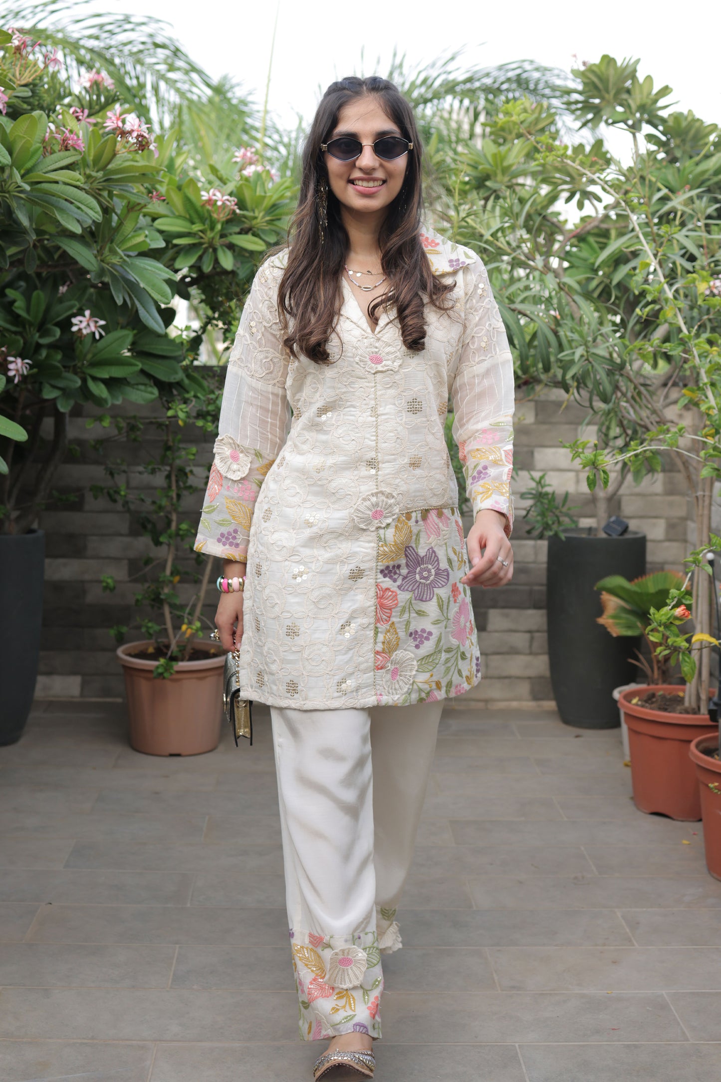 Off-White Chanderi Suit Set With Multi-color Embroidery & Gold Sequin Cording