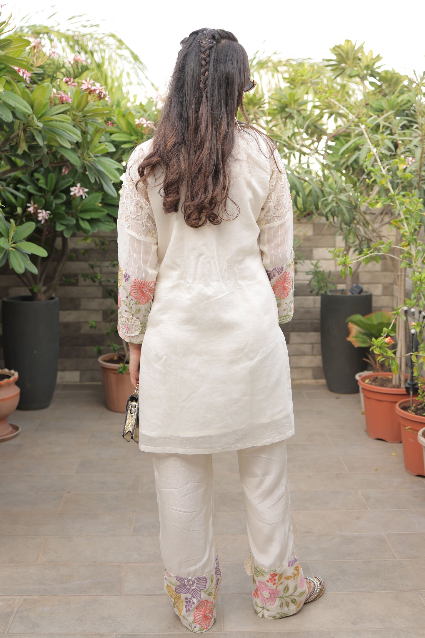 Off-White Chanderi Suit Set With Multi-color Embroidery & Gold Sequin Cording