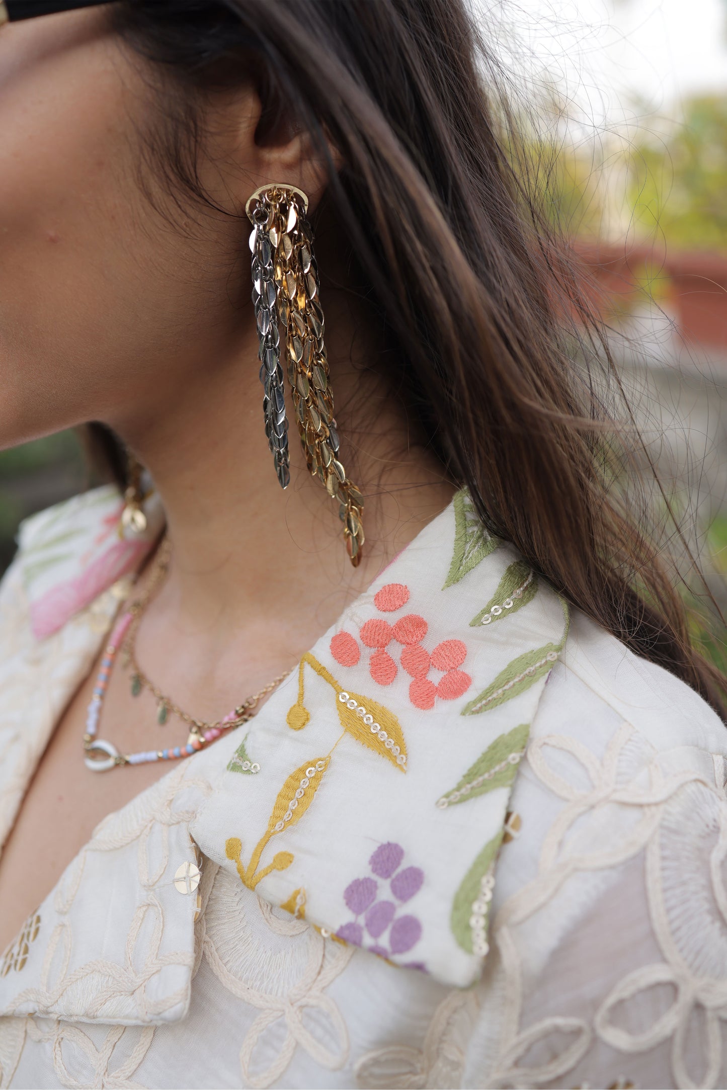 Off-White Chanderi Suit Set With Multi-color Embroidery & Gold Sequin Cording