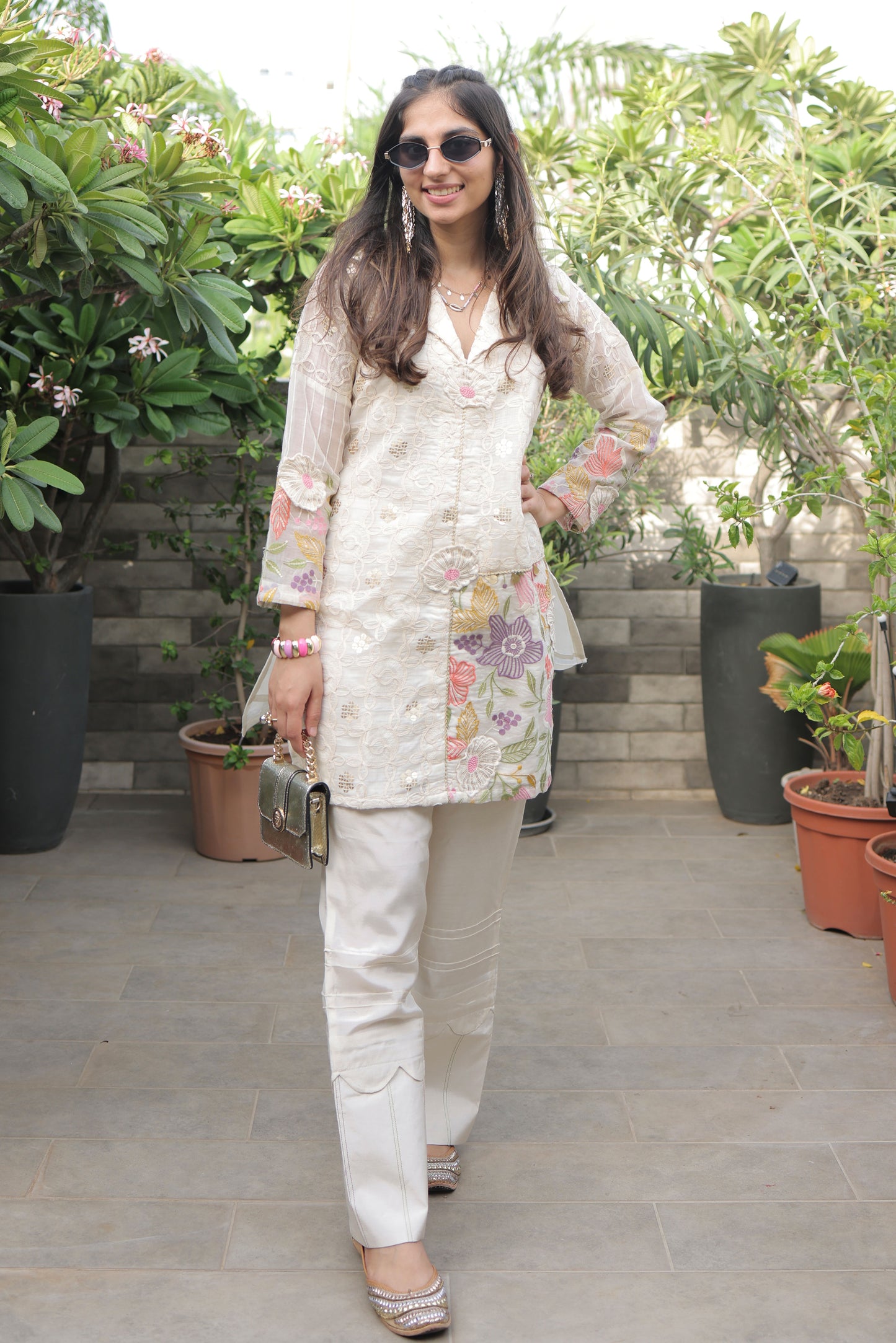 Chanderi Coord Set With Multi-color Embroidery & Gold Sequin Cording