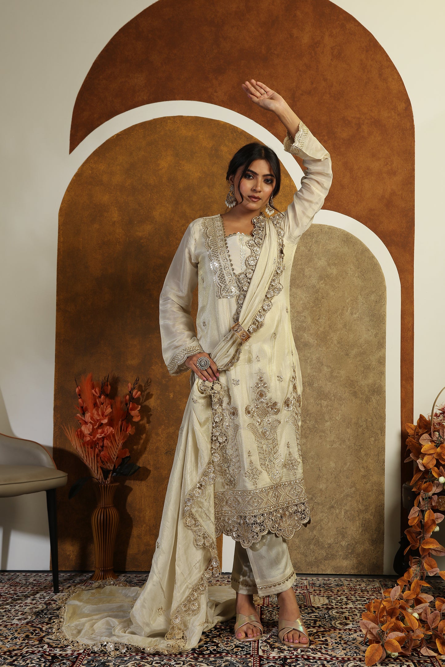 Embroidered Cutwork Tissue Suit