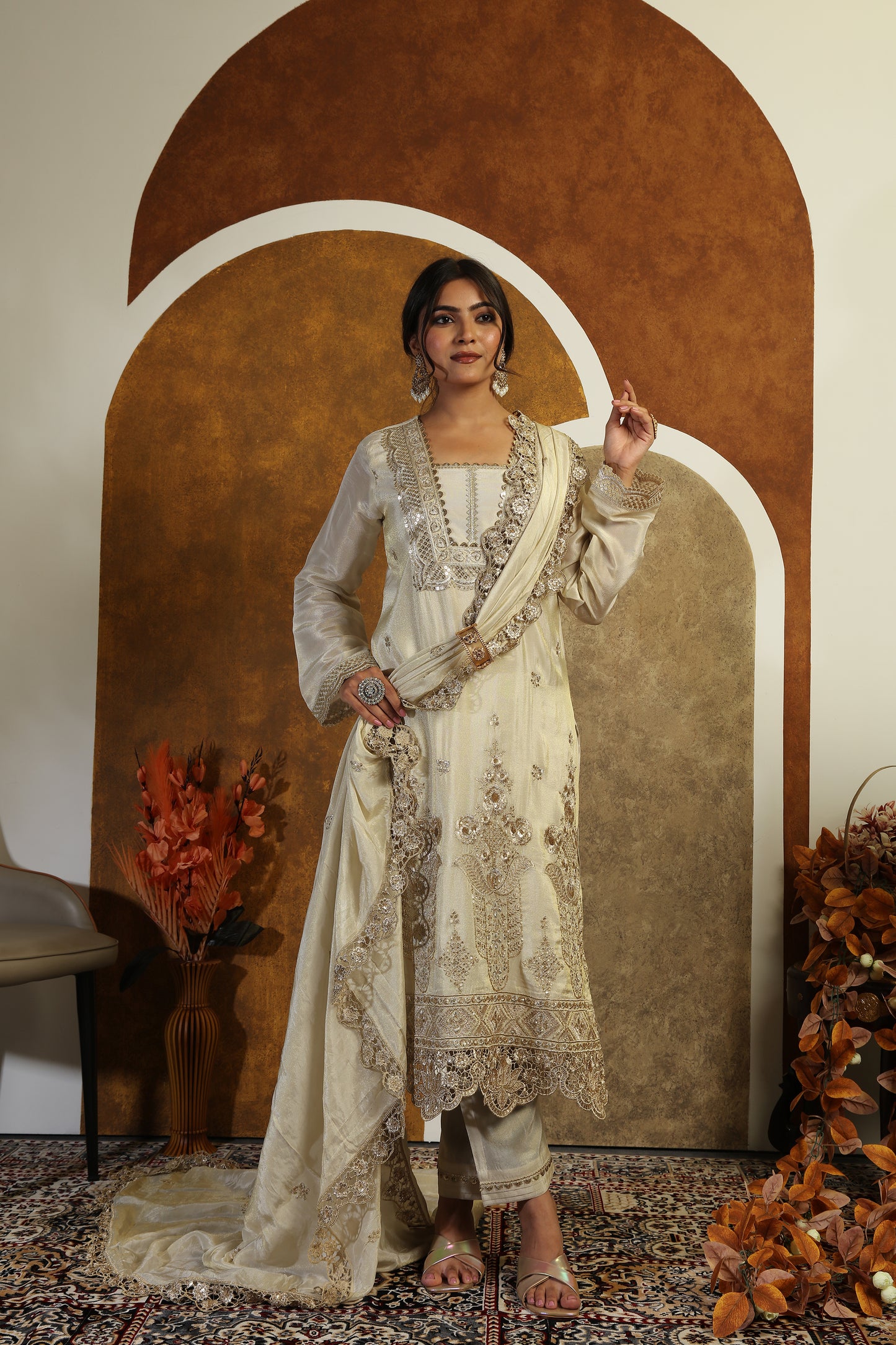 Embroidered Cutwork Tissue Suit