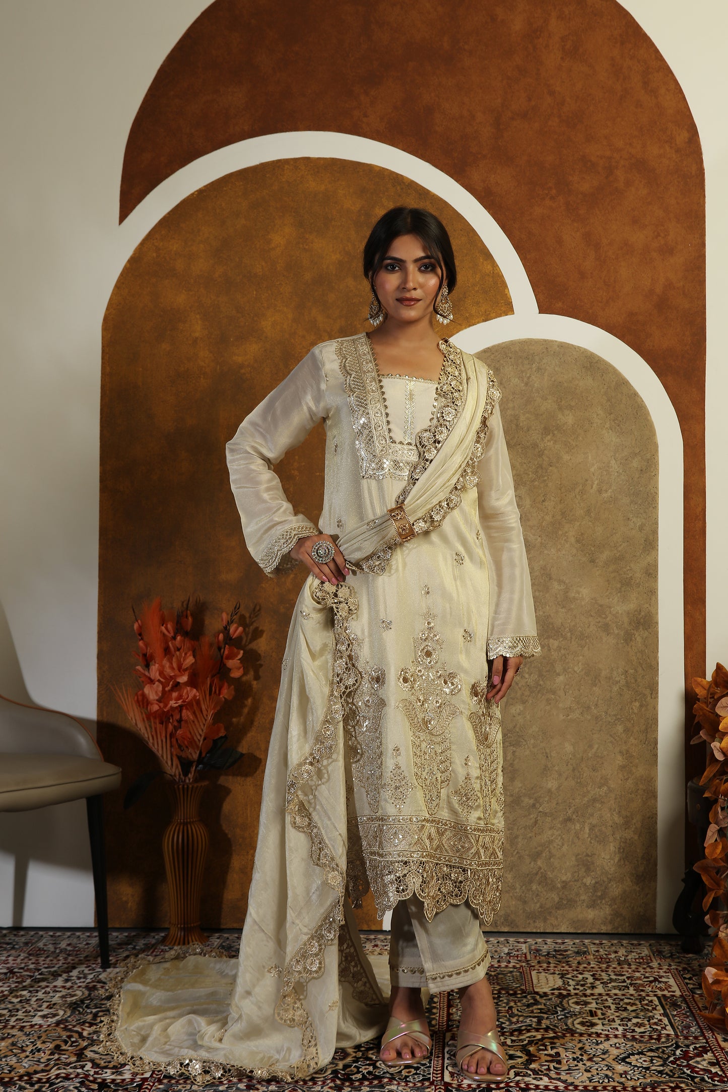 Embroidered Cutwork Tissue Suit