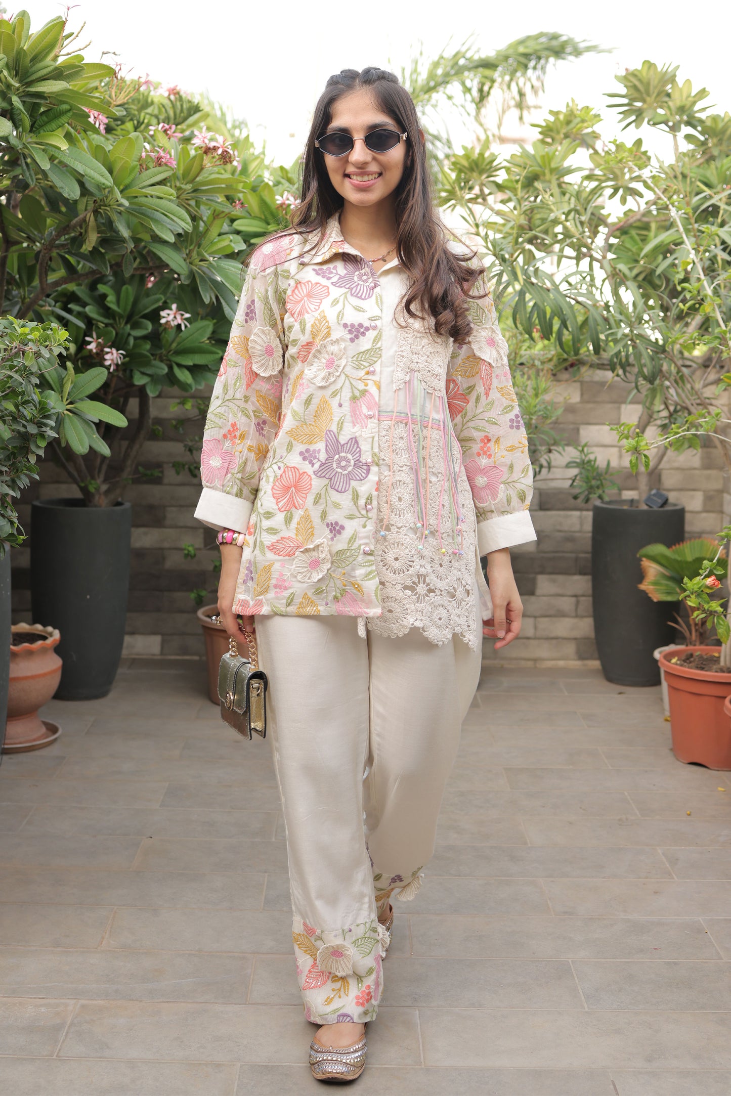 Ivory Chanderi Co-ord Set with Crochet Detailings