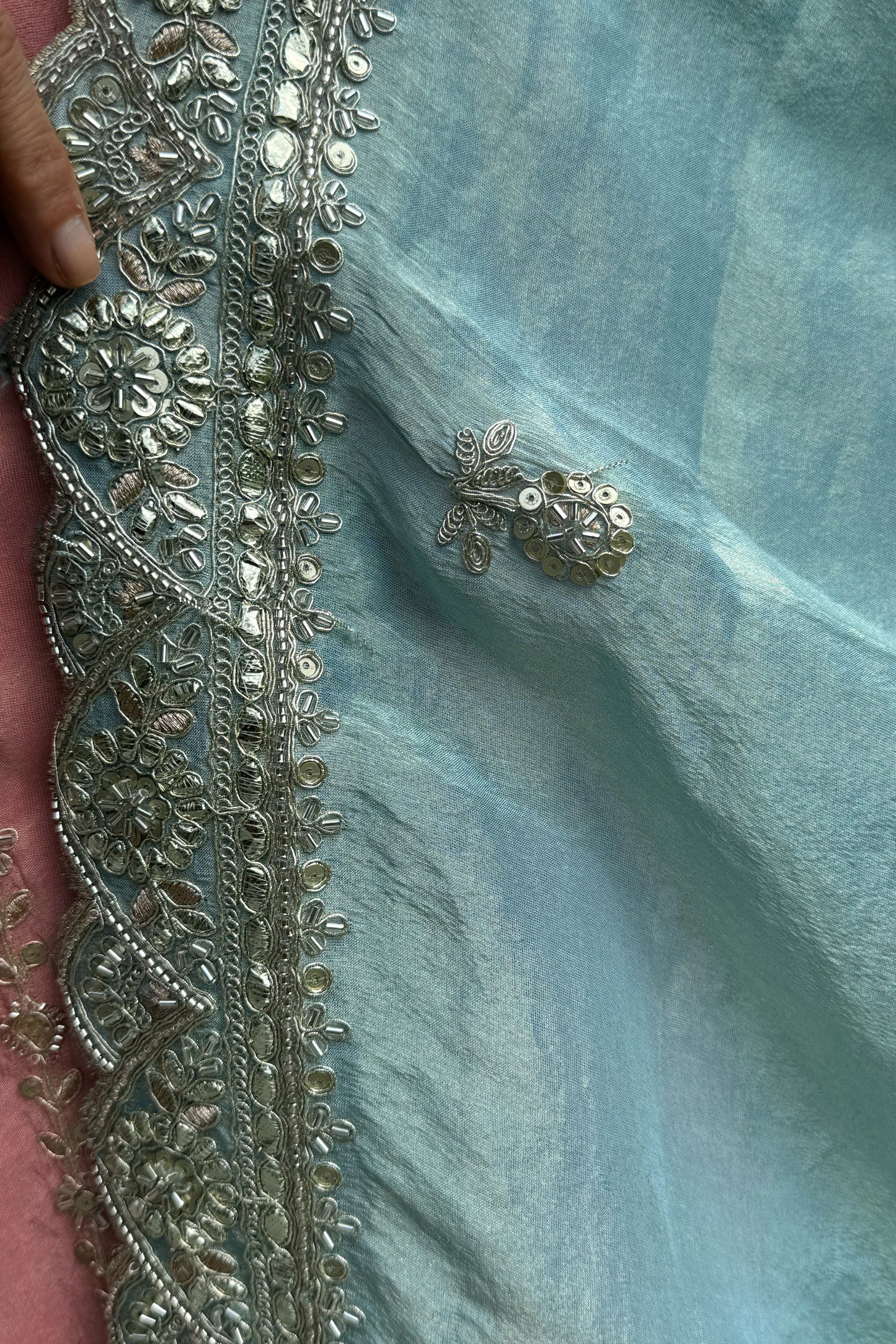 Tissue Suit Set with Handworked Neckline & Heavy Embroidered Border