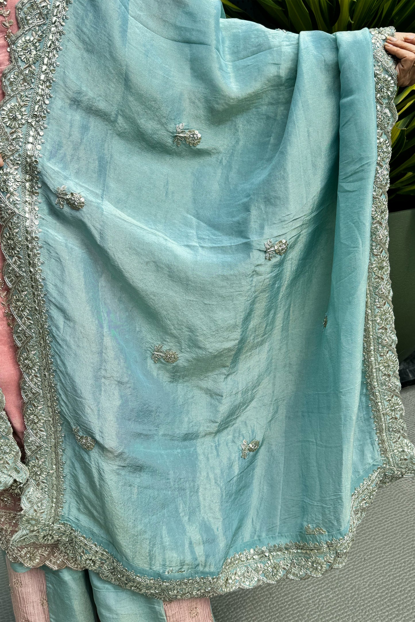 Tissue Suit Set with Handworked Neckline & Heavy Embroidered Border