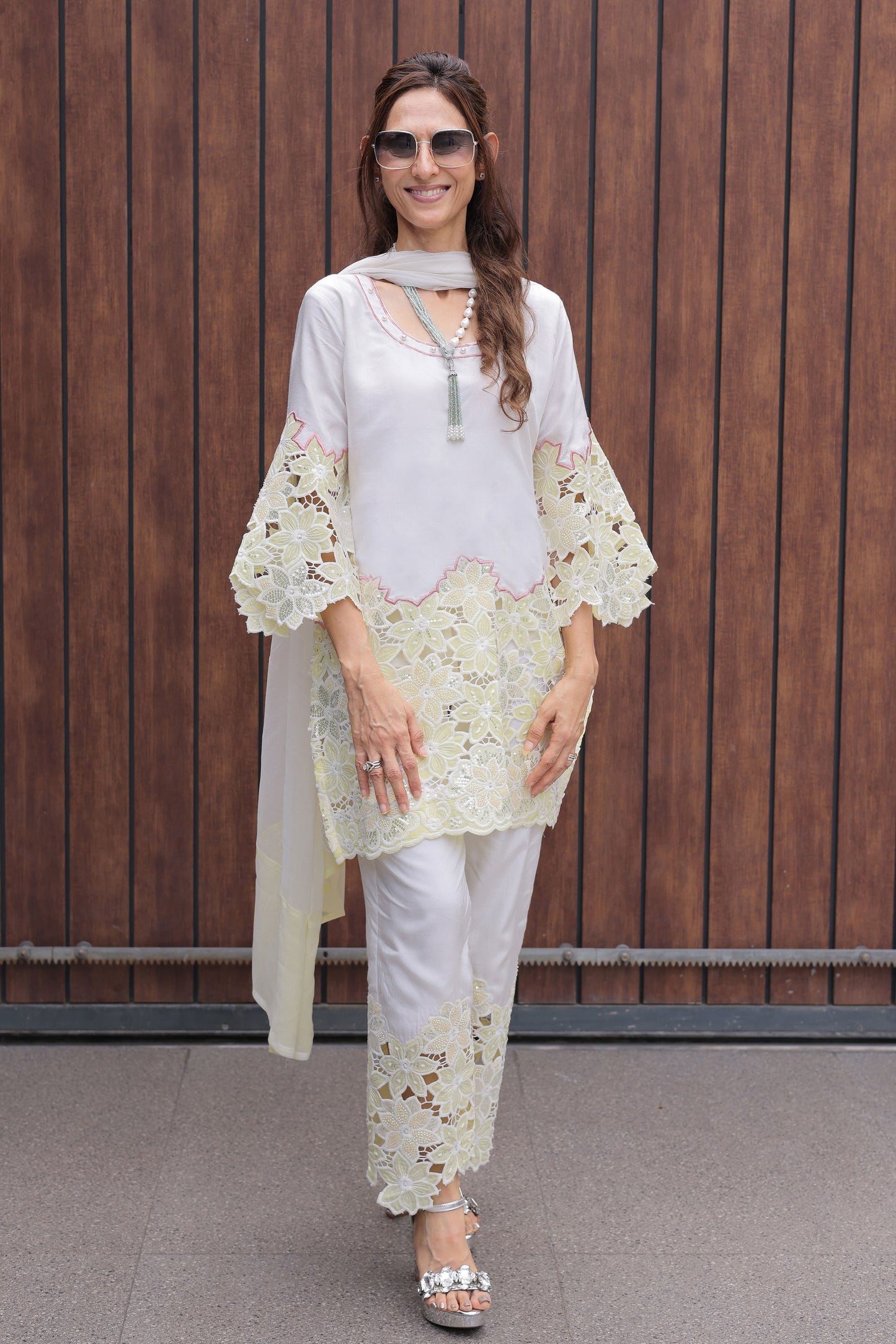 Lemon Yellow Floral Cutwork Suit Set