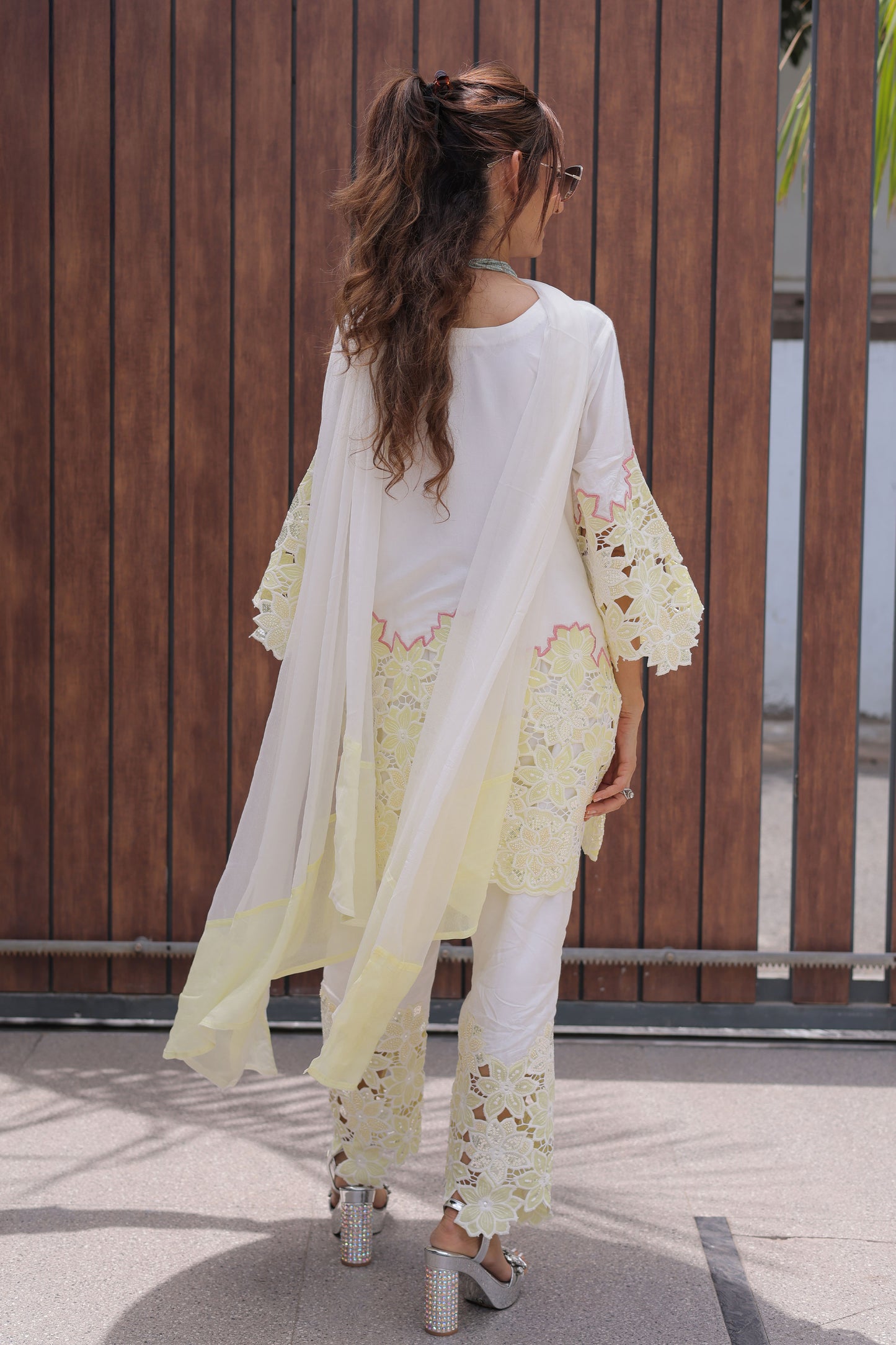 Lemon Yellow Floral Cutwork Suit Set