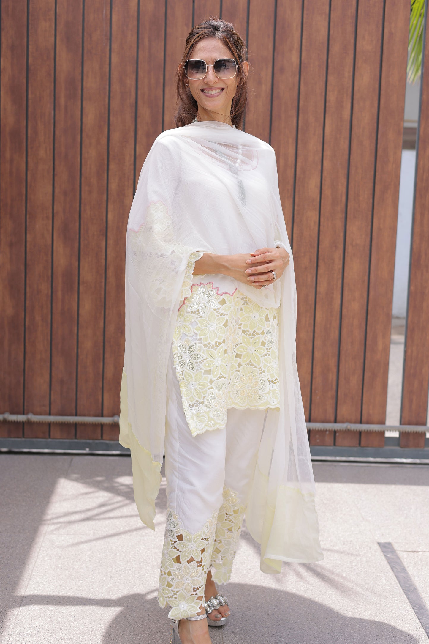 Lemon Yellow Floral Cutwork Suit Set