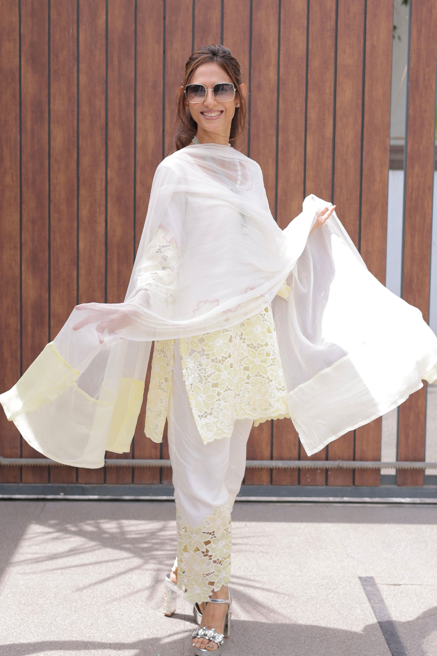 Lemon Yellow Floral Cutwork Suit Set
