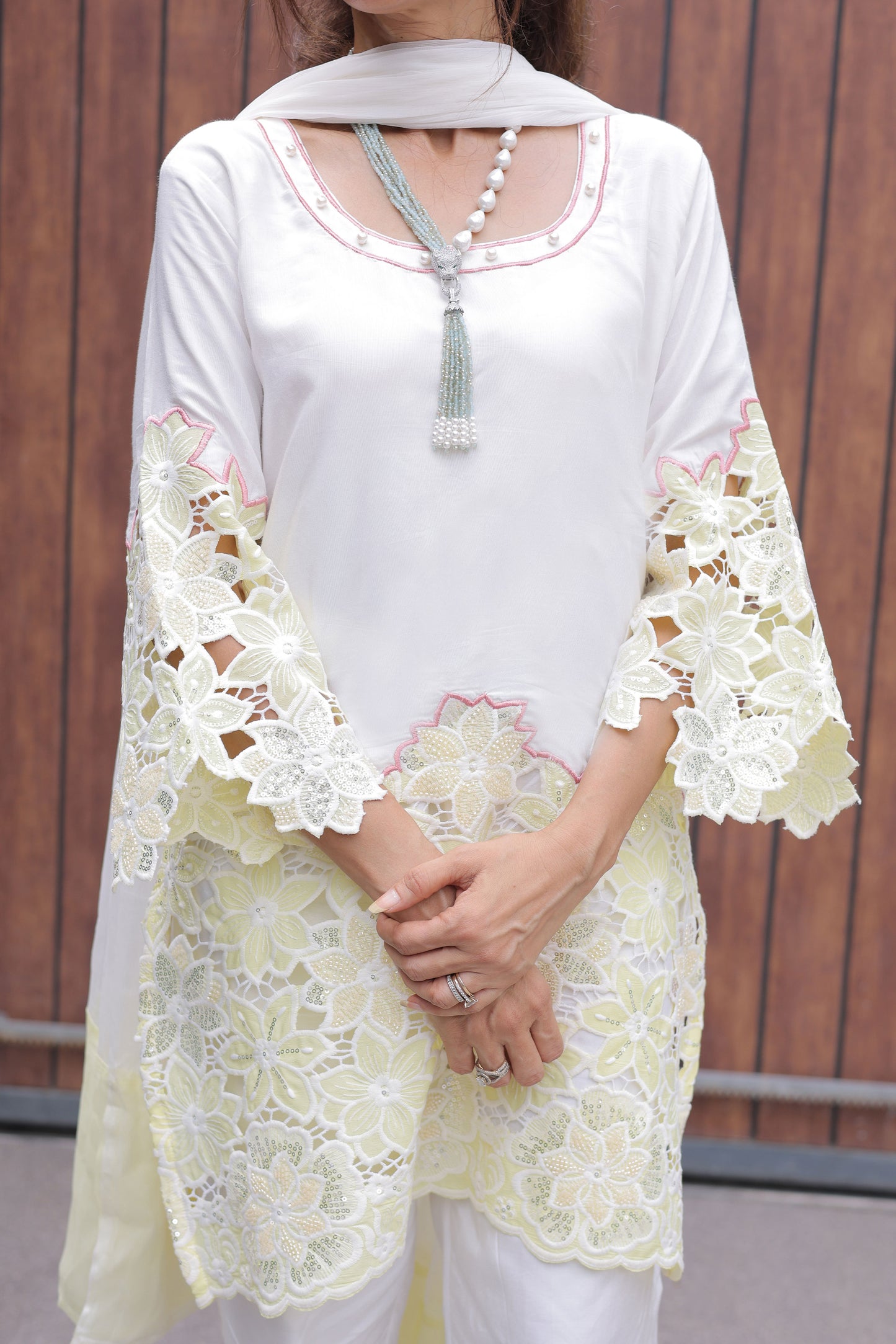 Lemon Yellow Floral Cutwork Suit Set