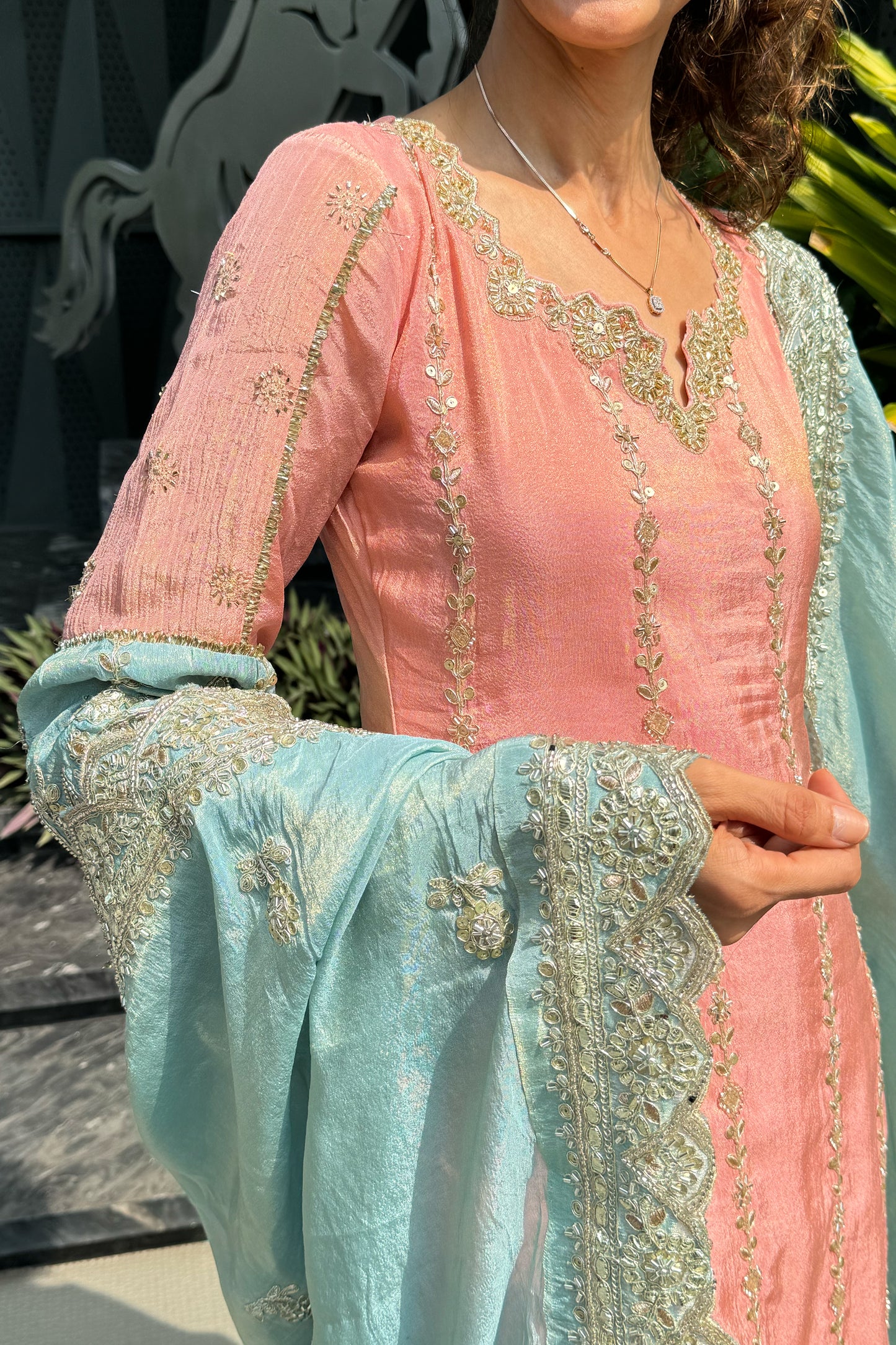 Tissue Suit Set with Handworked Neckline & Heavy Embroidered Border